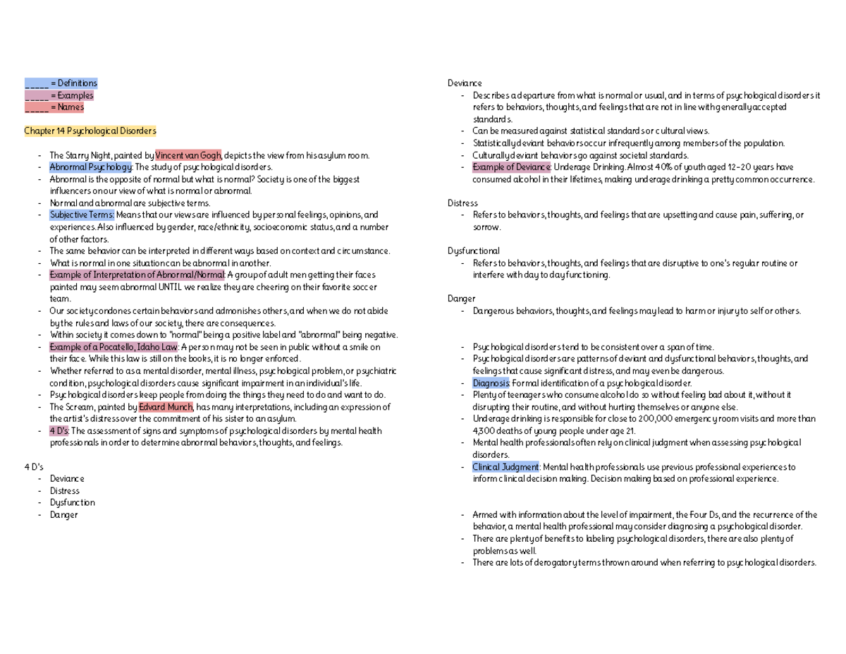 PSY Chapter 14 - _____ = Definitions _____ = Examples _____ = Names ...