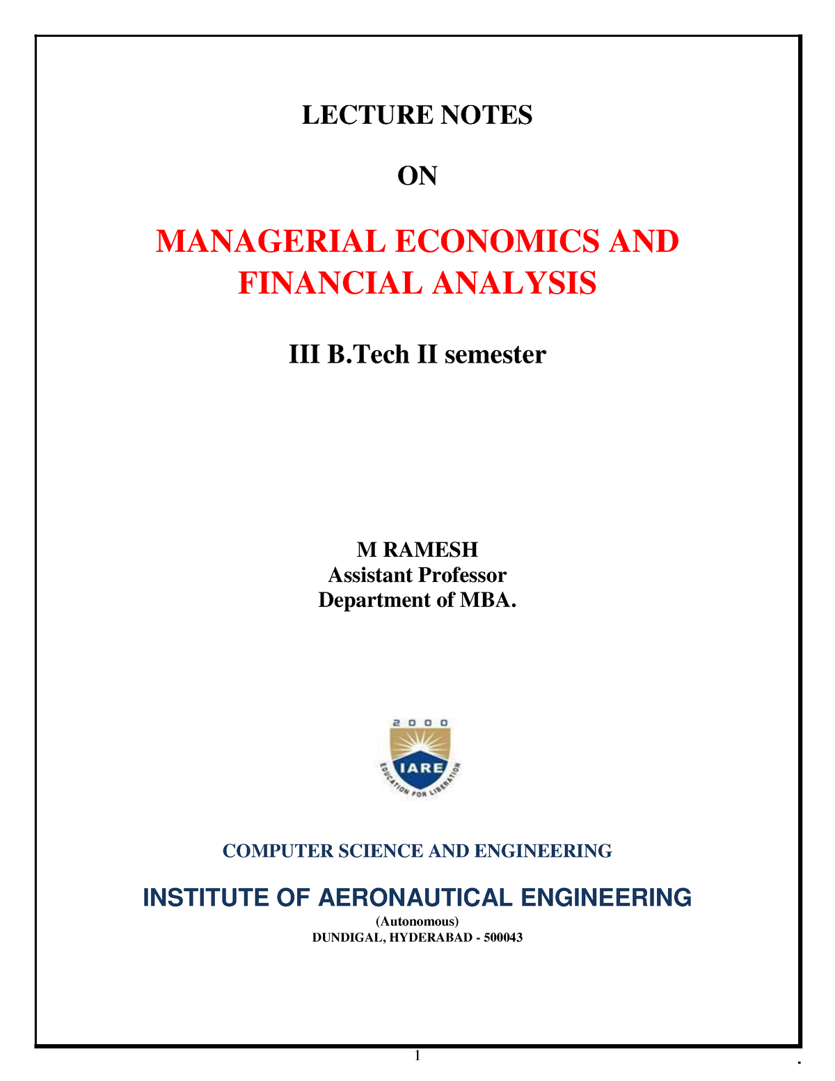 IARE MEFA Lecture Notes 1 LECTURE NOTES ON MANAGERIAL ECONOMICS