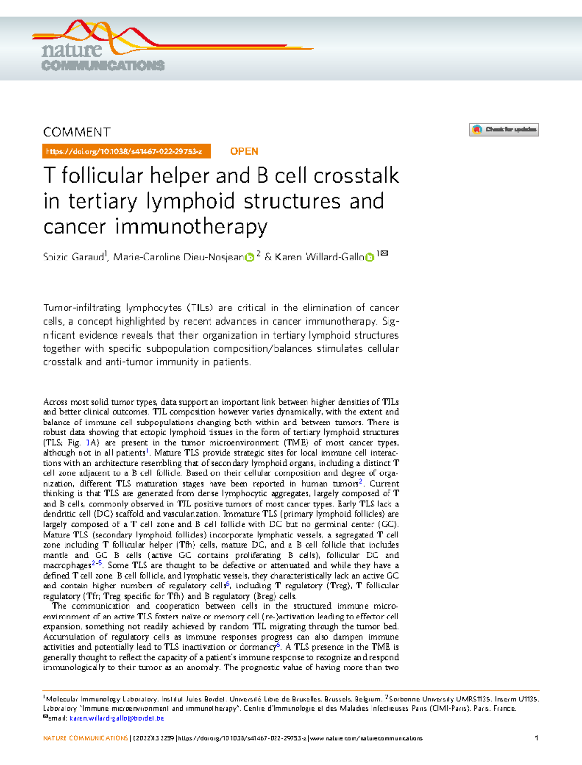 T Follicular Helper And B Cell Crosstalk In Tertiary Lymphoid ...