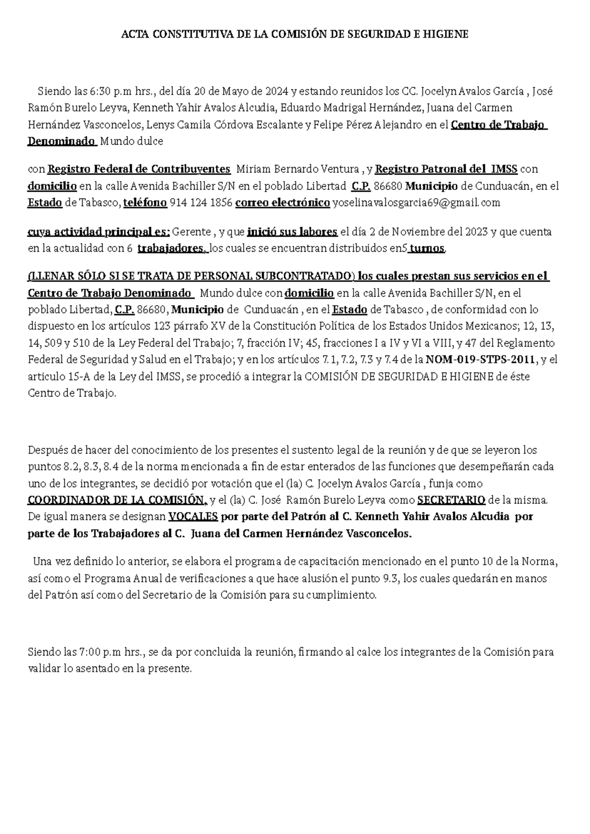 Acta constitutiva seguridad e higiene - ACTA CONSTITUTIVA DE LA ...