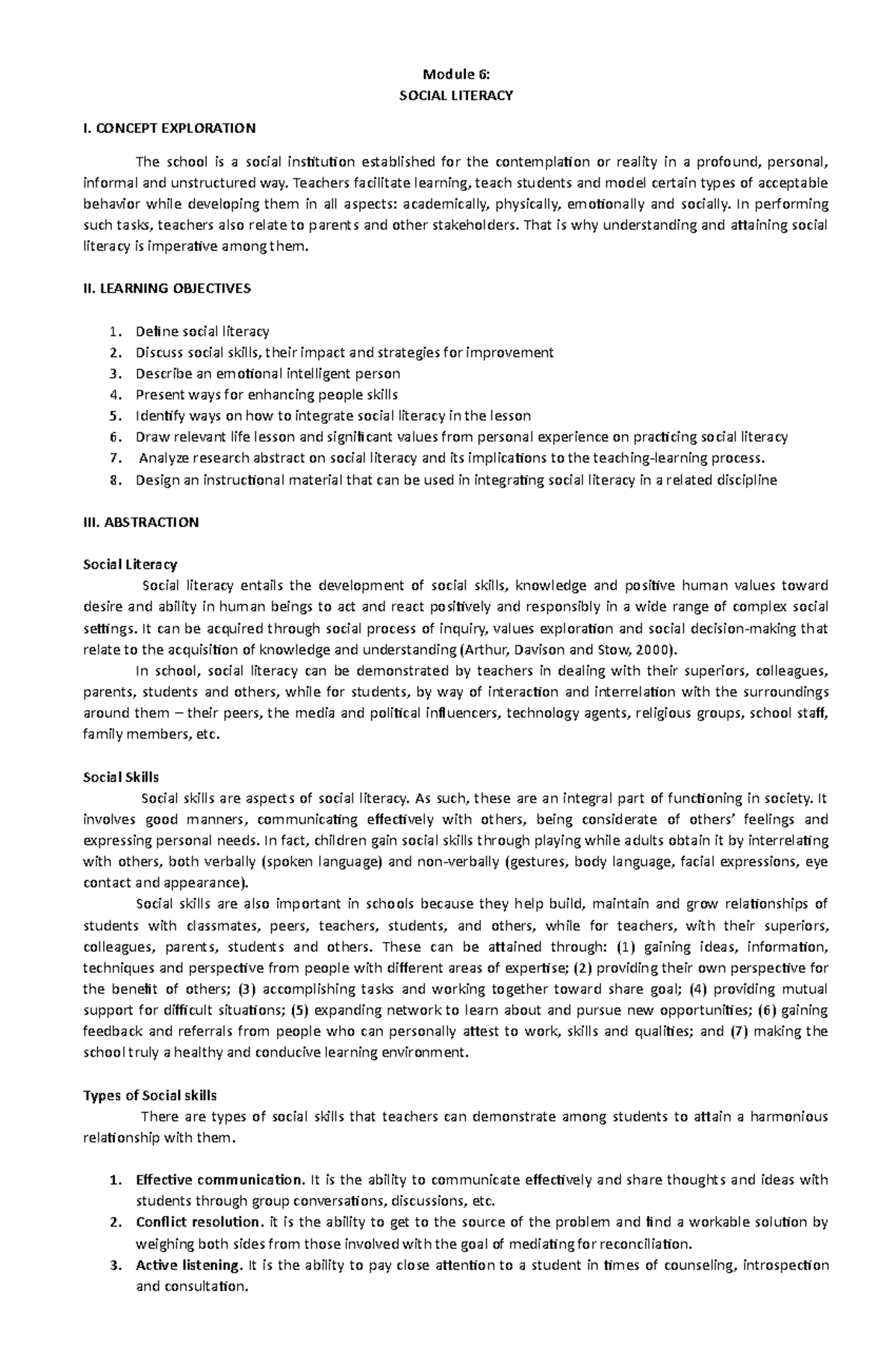 Module-6 - module - Module 6: SOCIAL LITERACY I. CONCEPT EXPLORATION ...