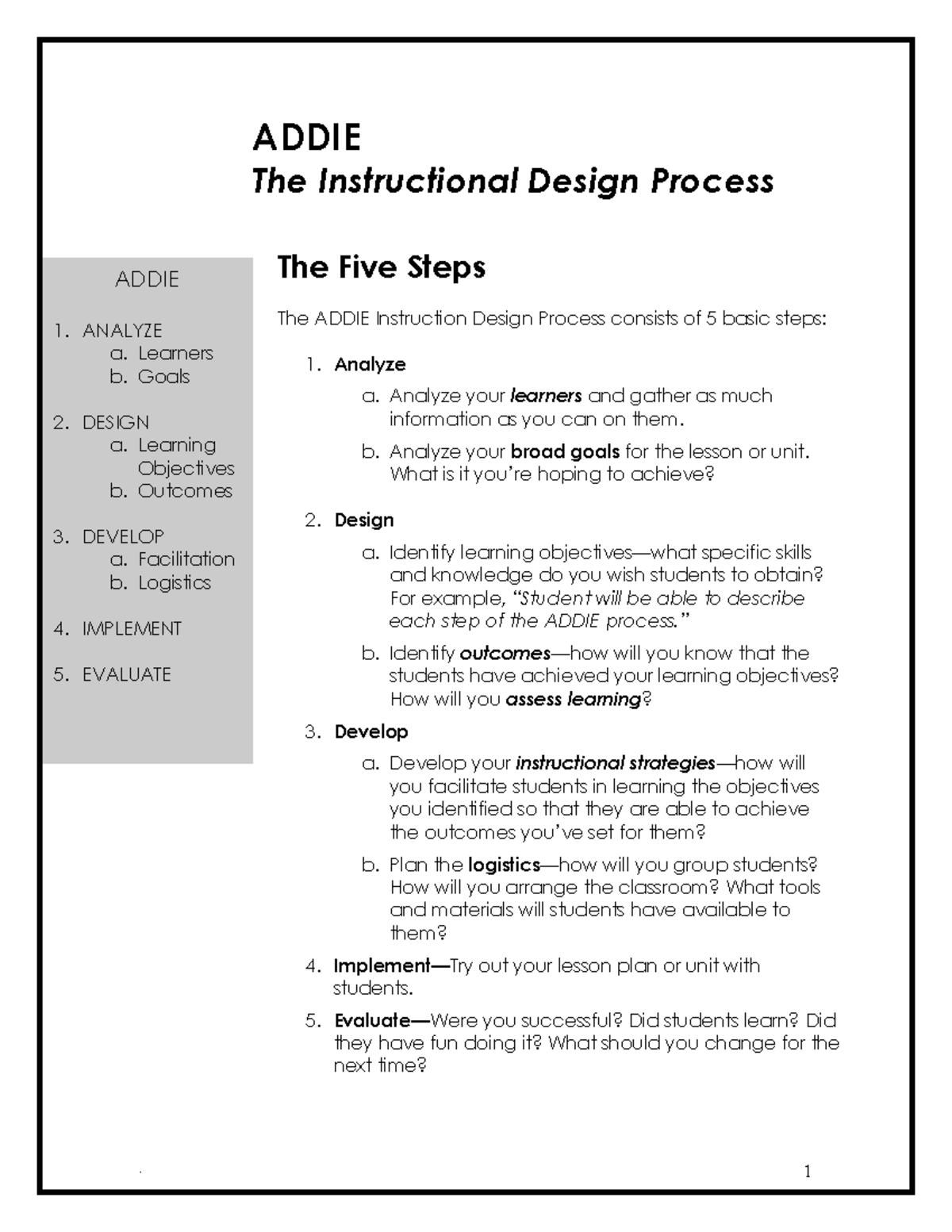 Addie - ADDIE The Instructional Design Process The Five Steps The ADDIE ...