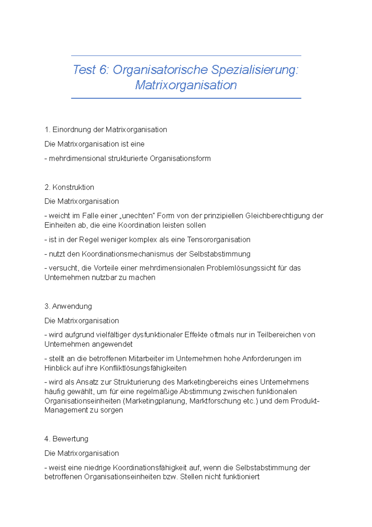 Test 6 MAtrixorganisation - Test 6: Organisatorische Spezialisierung ...