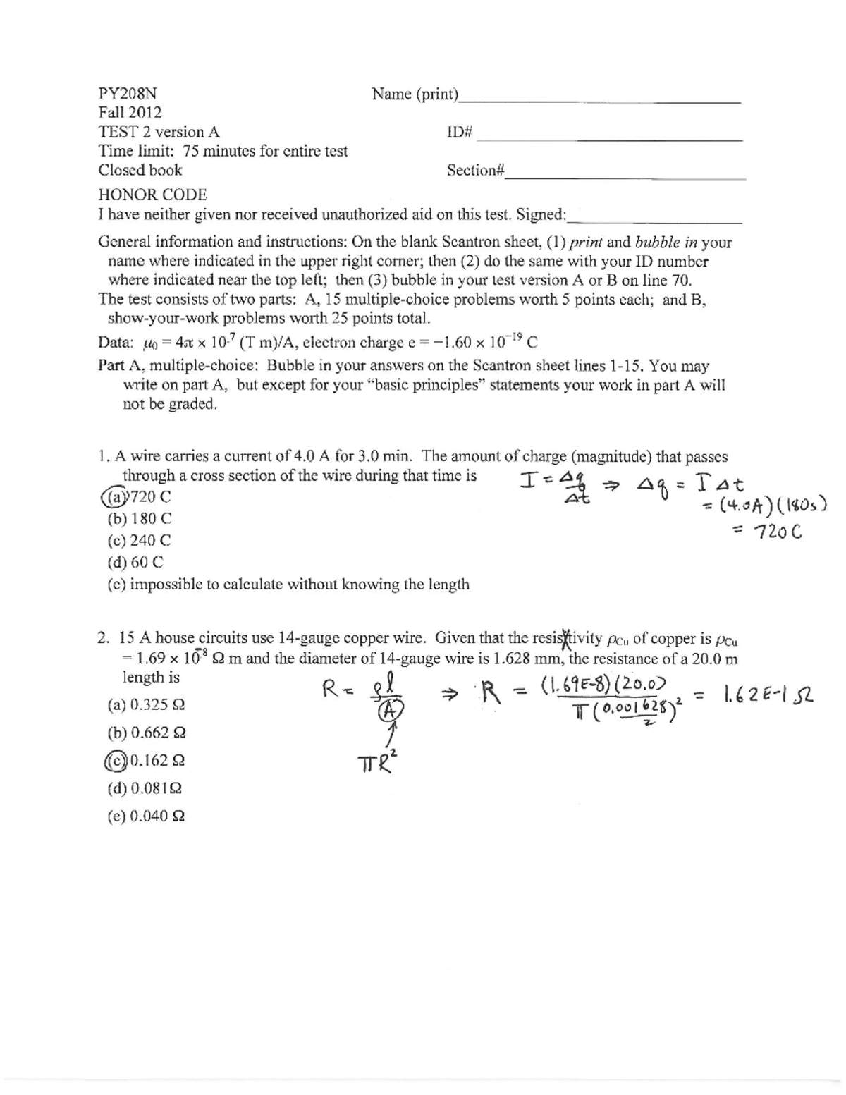 Prac Sol 2D - physics 2 practice test D for test 2 solutions - PY 208 ...