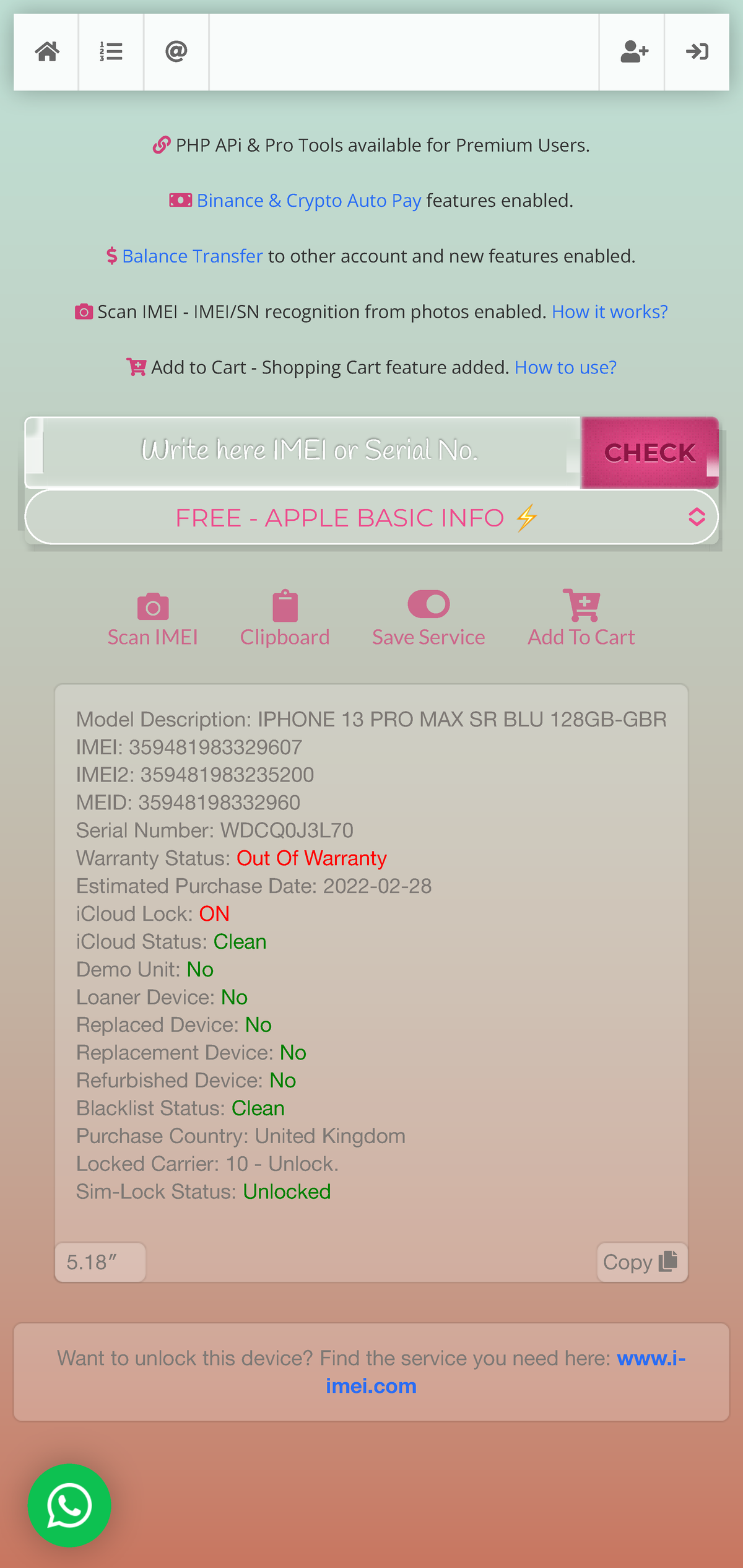 Free IMEI Checker Online - Sickw.COM IMEI Check Service - PHP APi & Pro ...