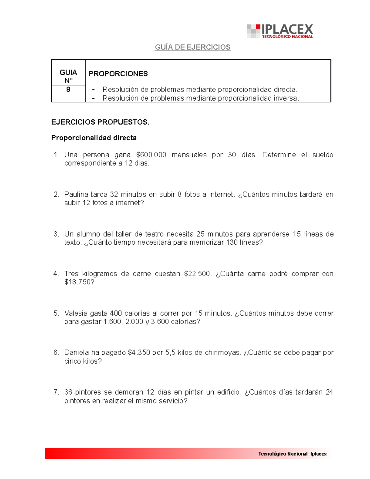 EJ 5 - preparacion prueba 2 - GUÍA DE EJERCICIOS GUIA N° PROPORCIONES 8 ...