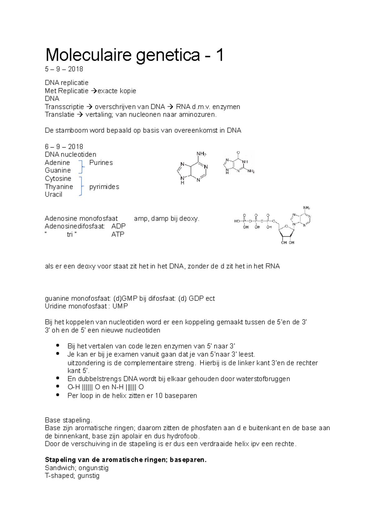 Moleculaire Genetica - College-aantekeningen 1 - Moleculaire Genetica ...