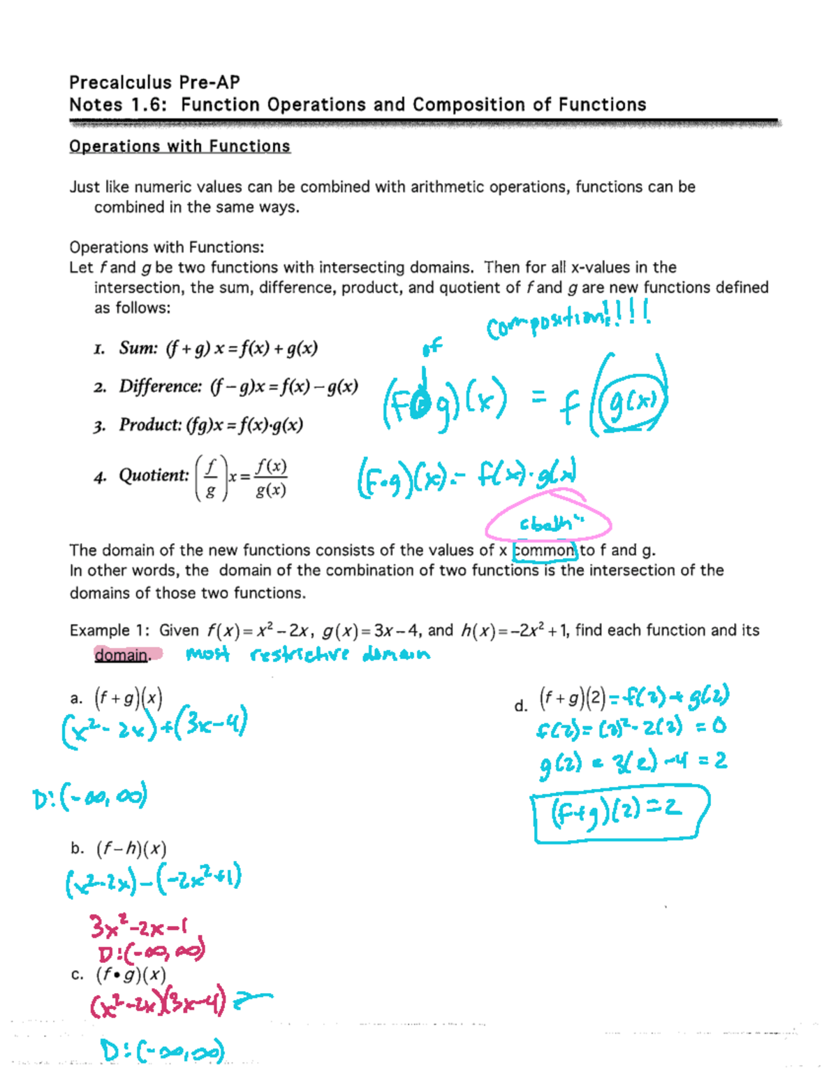 1.6 Notes- Function Operations and Compositions Key - of composition ...