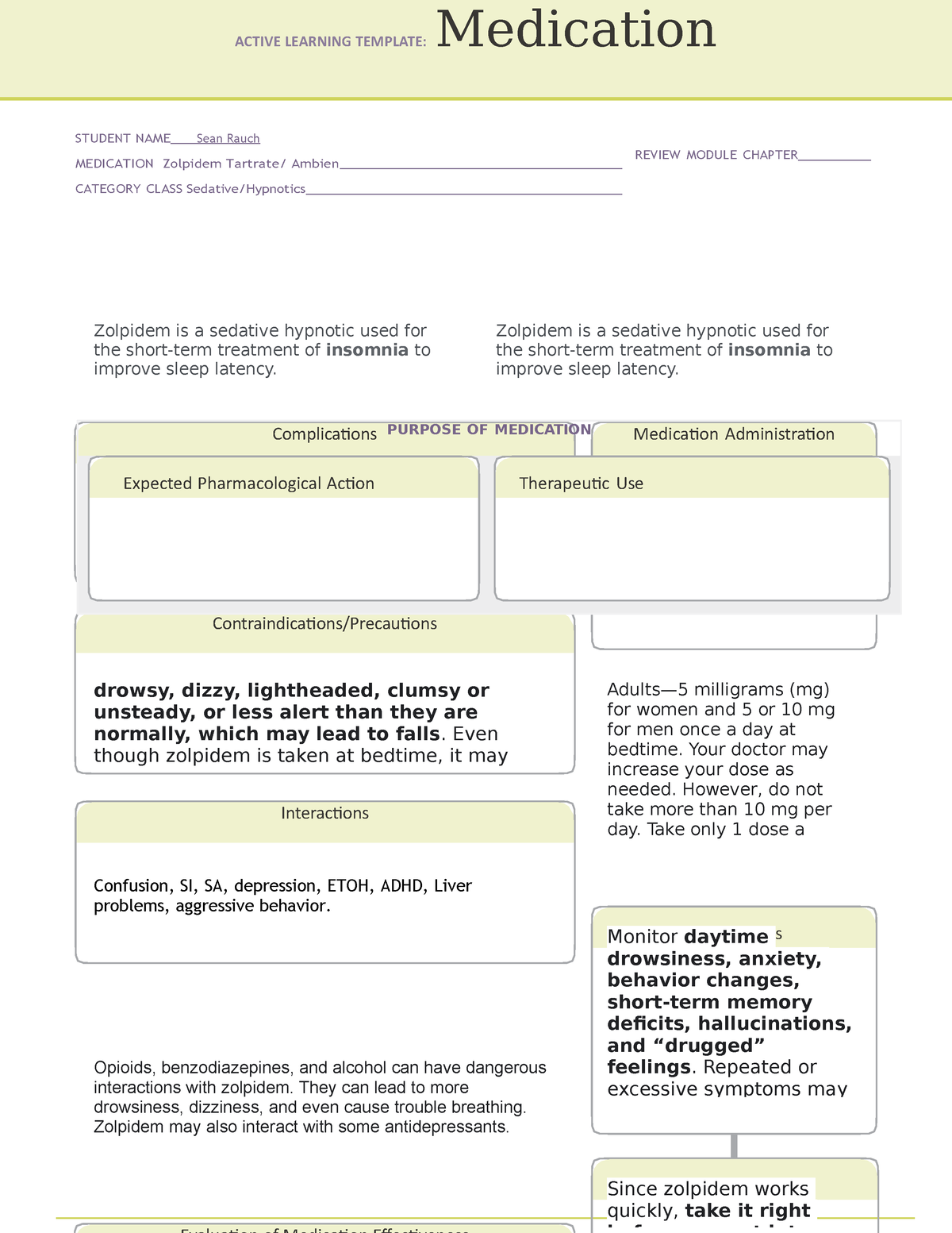 Zolpidem Tartrate Medication Template ACTIVE LEARNING TEMPLATE