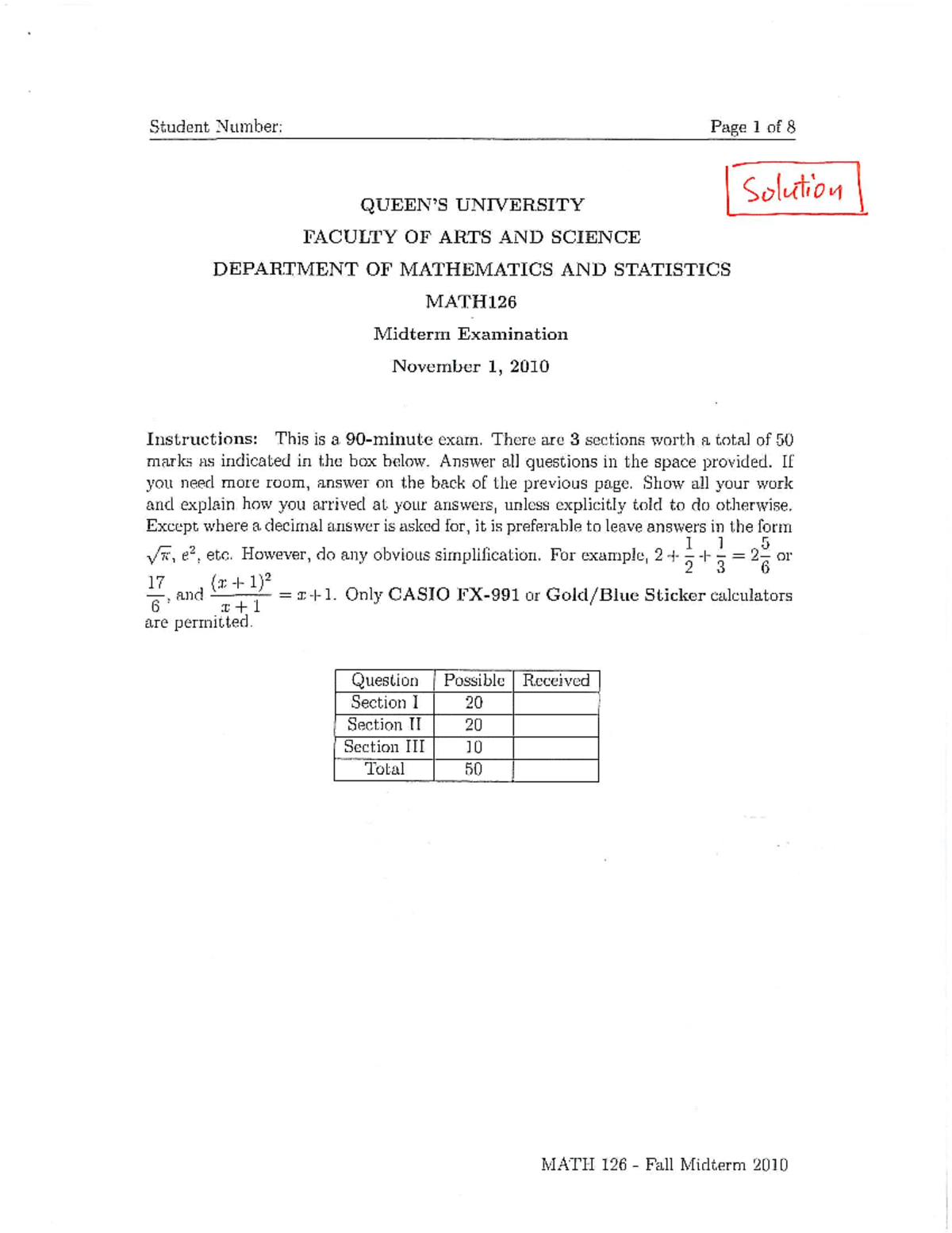 Exam 2010, Questions and answers - Mid-term - Math 126 - Studocu
