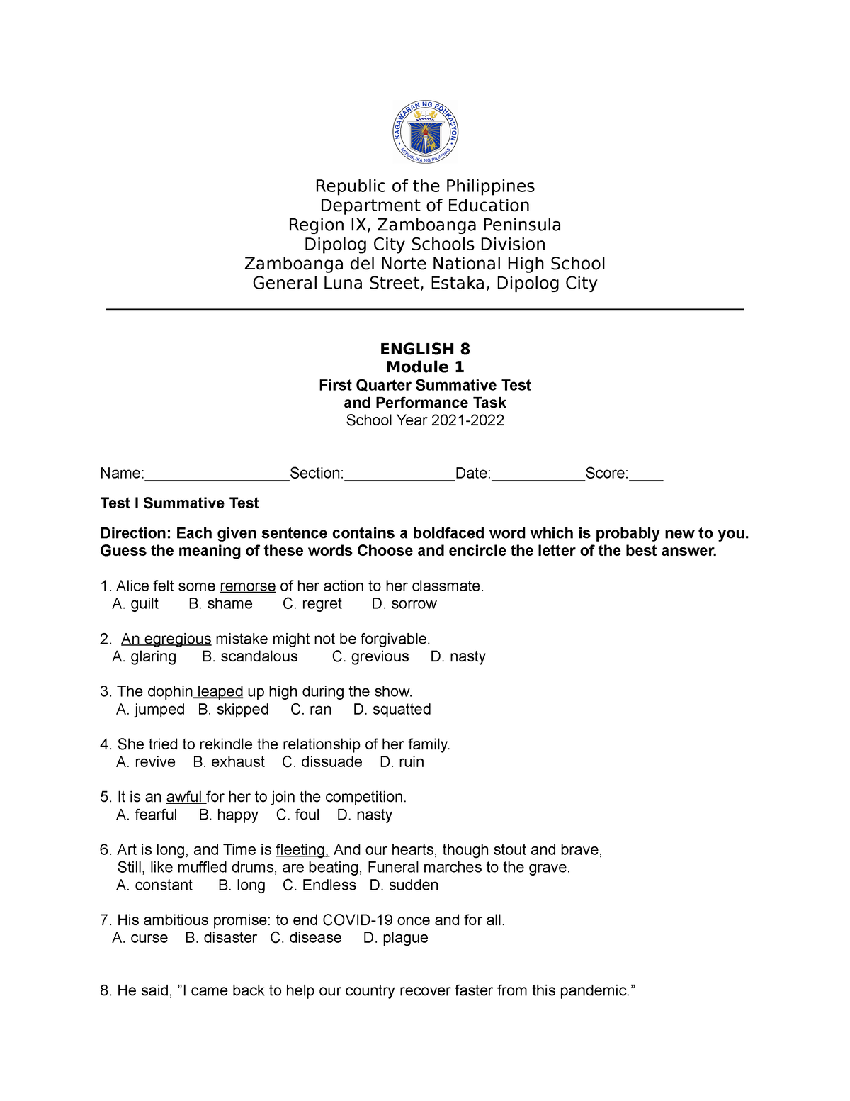 Grade 8 Summative Test For Quarter 1 Module 1 - Republic Of The ...