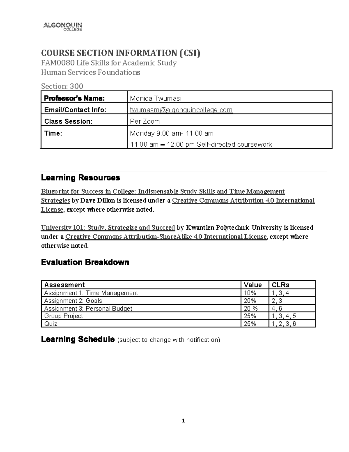 FAM0080 CSI COURSE SECTION INFORMATION (CSI) FAM0080 Life Skills for