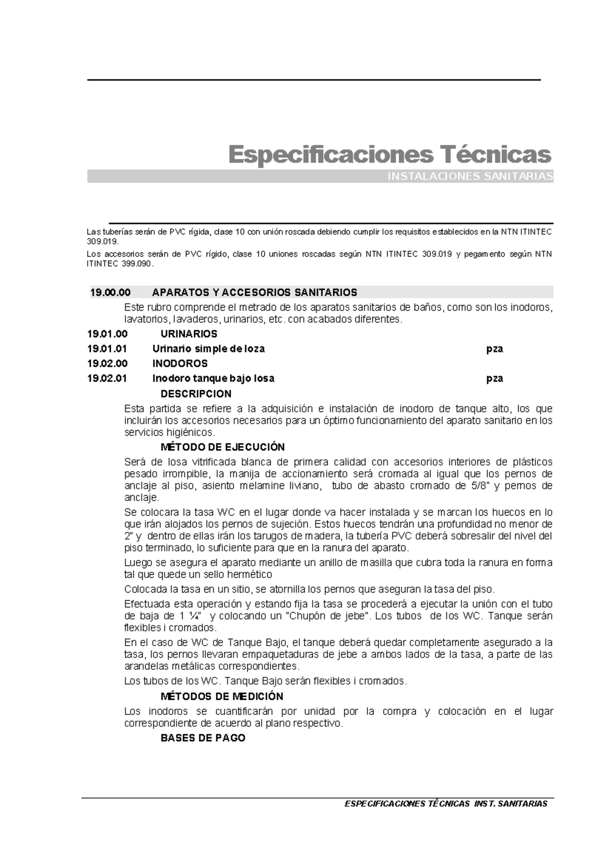 Especificaciones T Cnicas Sanitarias Especificaciones T Cnicas Instalaciones Sanitarias Las