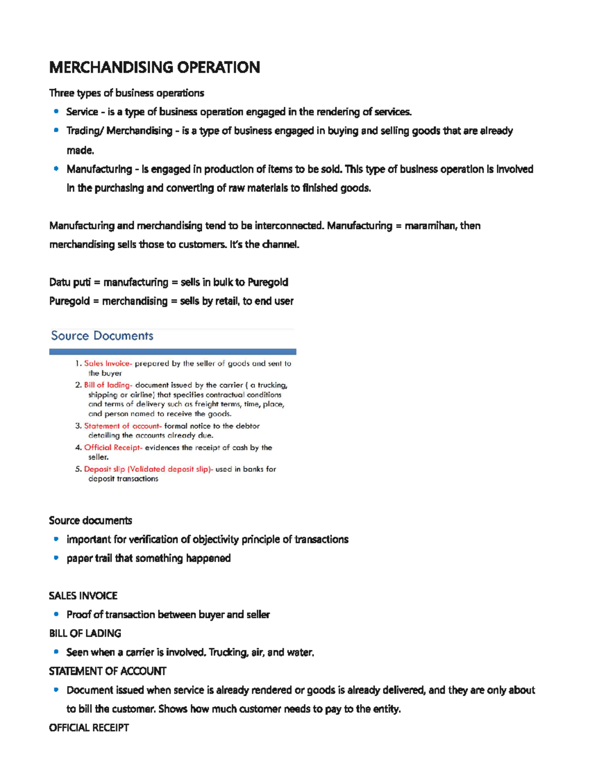 Merchandising Operations Notes - MERCHANDISING OPERATION Three types of ...