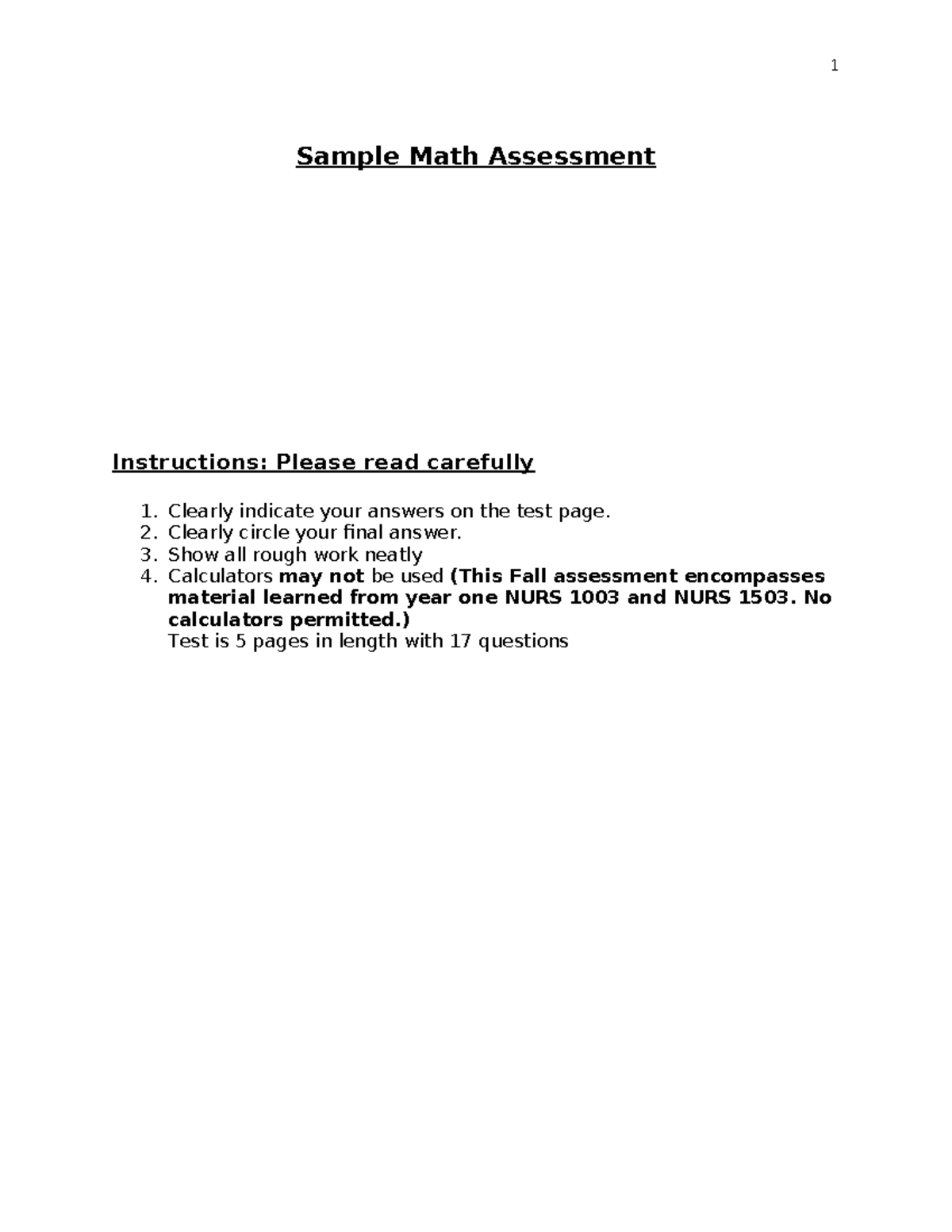 Sample Math Test - Math test - Sample Math Assessment Instructions ...