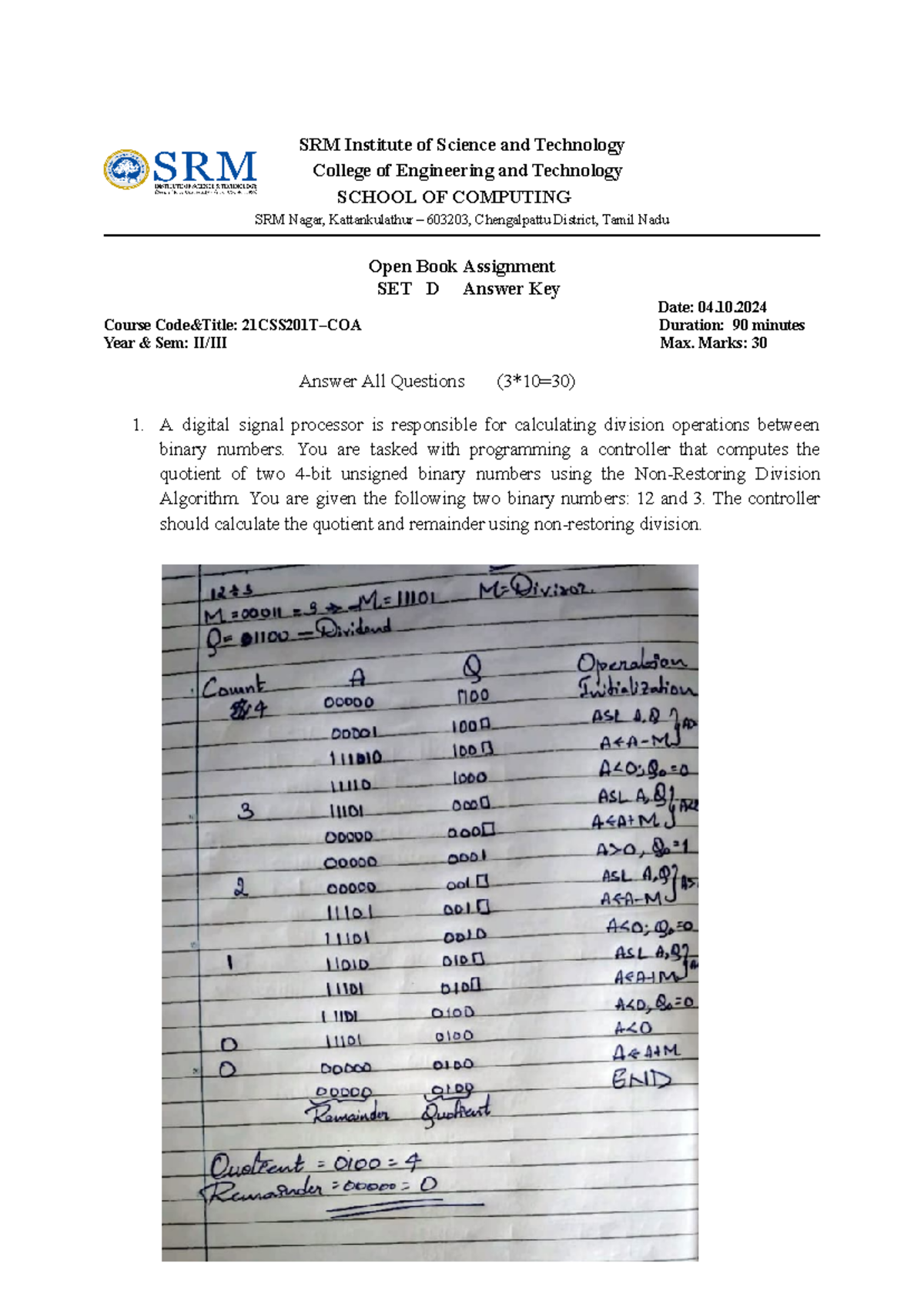 Set D Key COA Assignment - SRM Institute of Science and Technology ...
