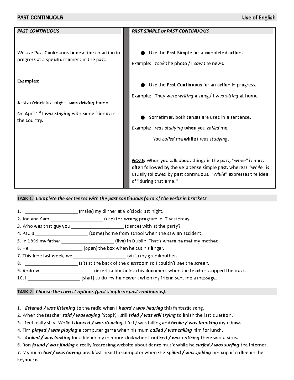 Grammar Week 4 - Apuntes 10 - PAST CONTINUOUS Use of English PAST ...