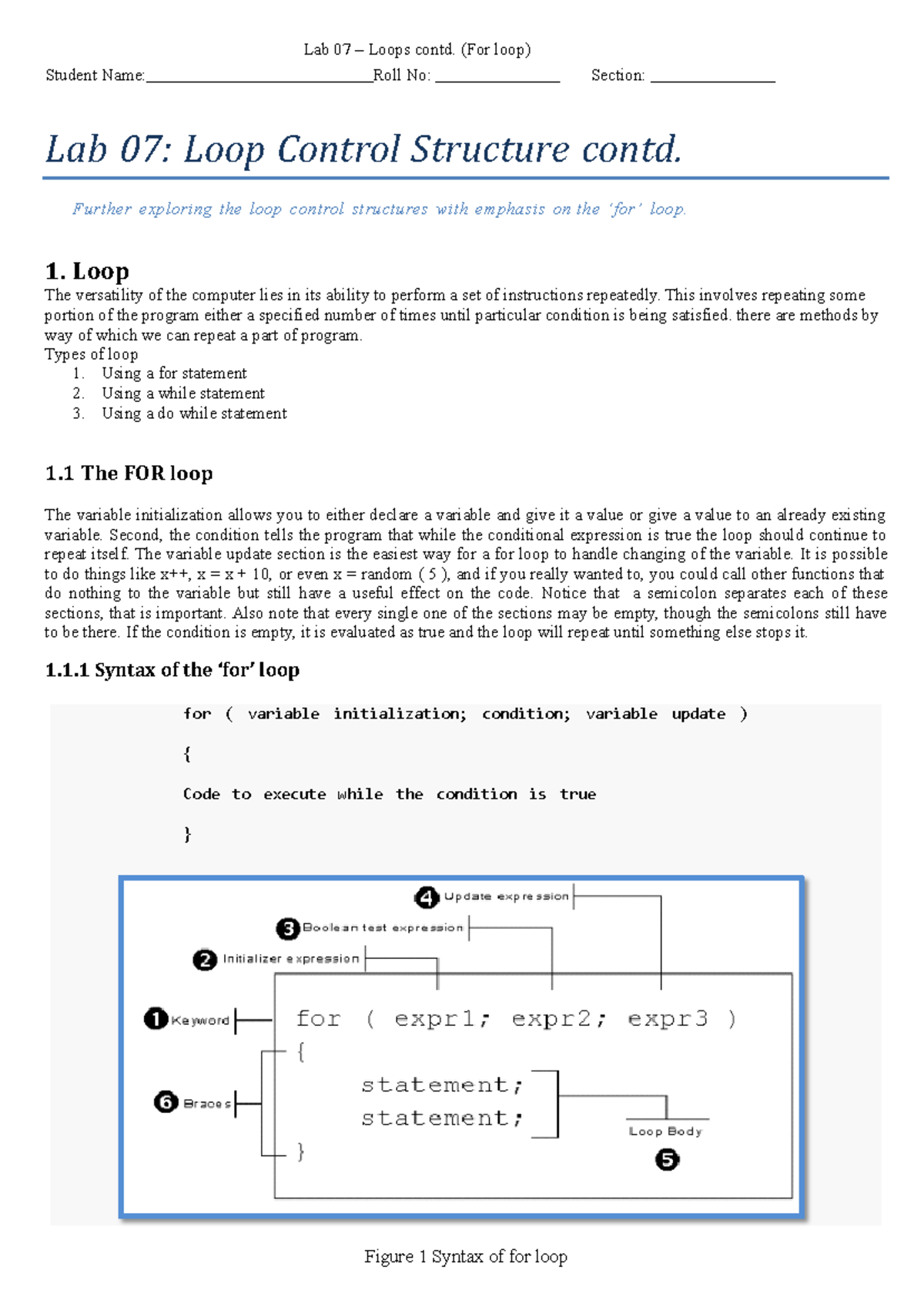 Lab 7 lab manual c language Student Name Roll No Section for