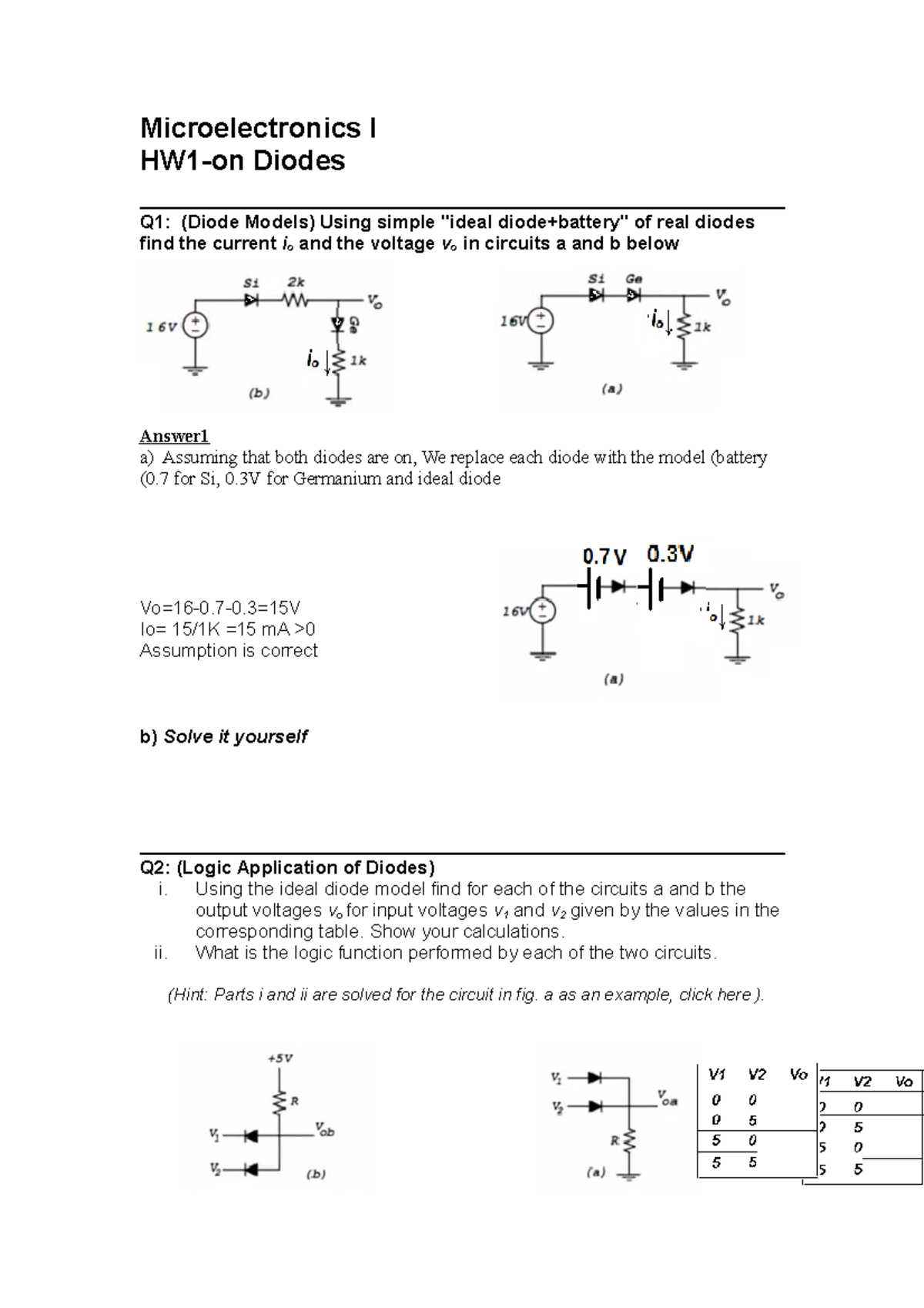 01 Questions and Answers DiodesI Microelectronics I HW1on Diodes