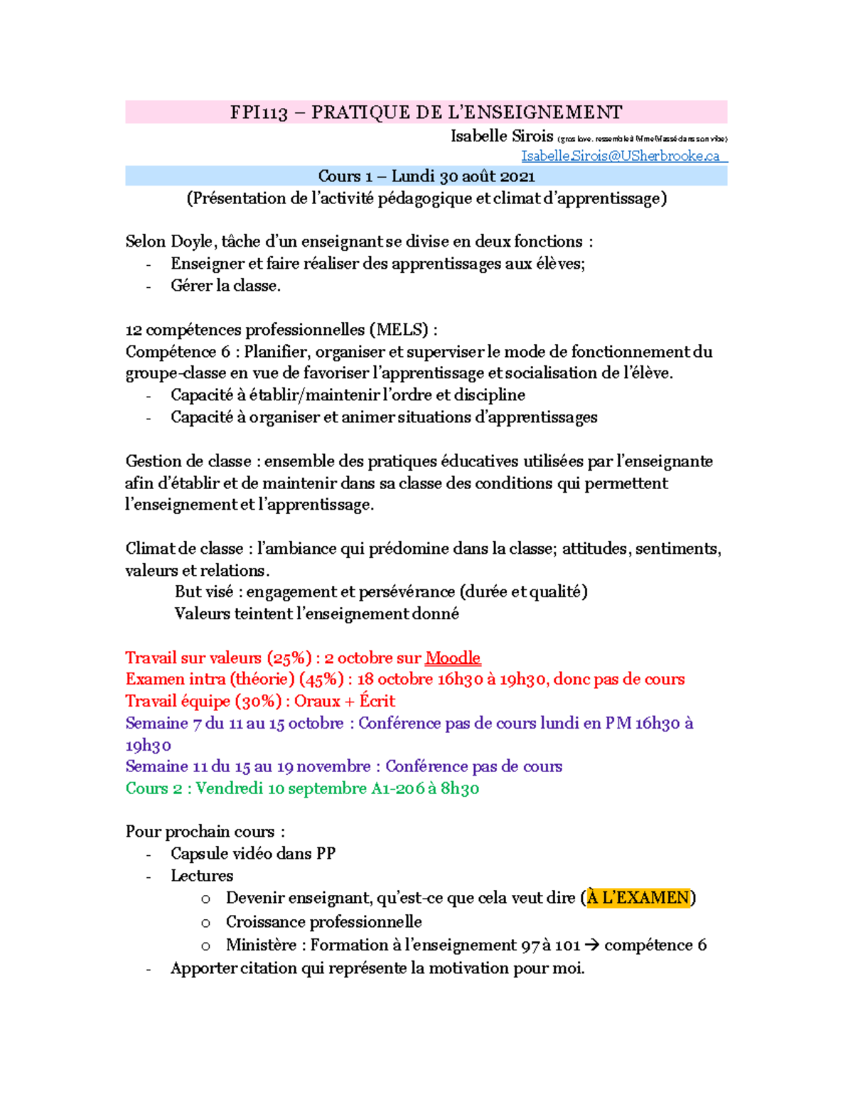 Notes De Cours Fpi113 Cours 1 A 6 Fpi113 Pratique De L Enseignement Isabelle Sirois Gros Studocu