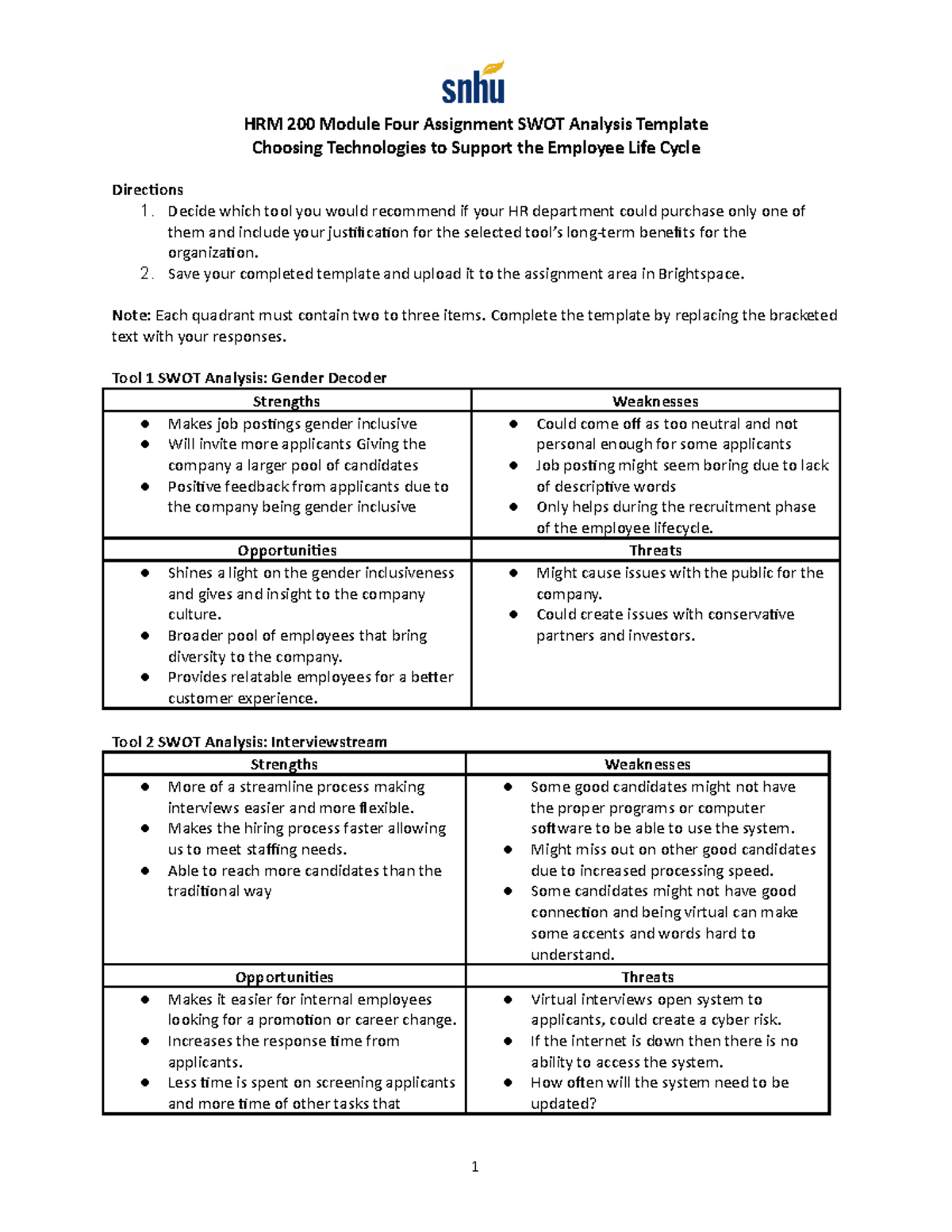 SWOT Analysis - Decide which tool you would recommend if your HR ...