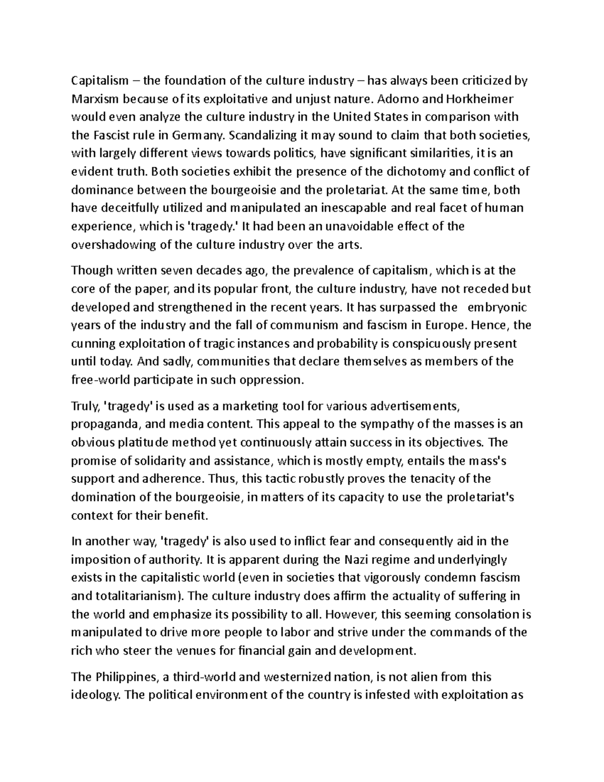 Critique on Adorno and Horkheimer Capitalism the foundation of the