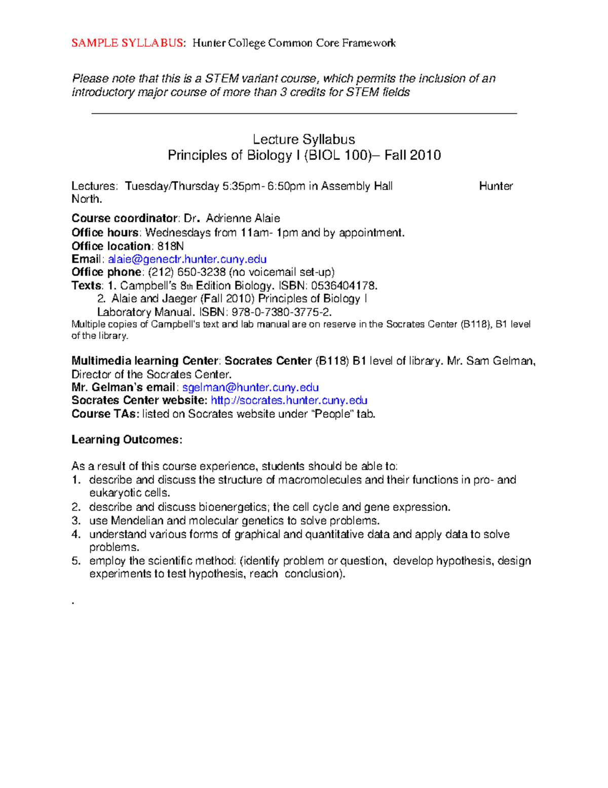 Sample Syllabus- Biology - BIO100 - Hunter College - Studocu