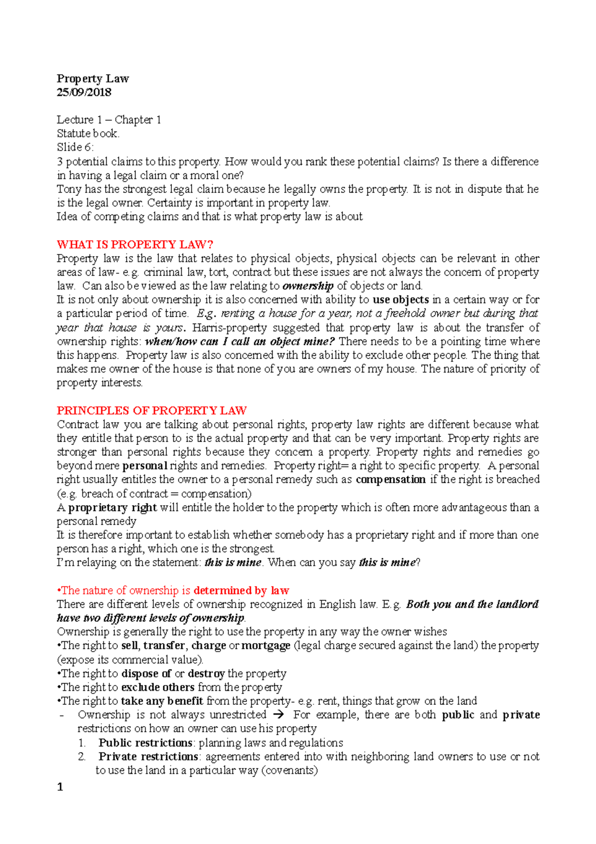 Property Law 1 - Lecture notes 1 - Property Law 25/09/ Lecture 1 ...