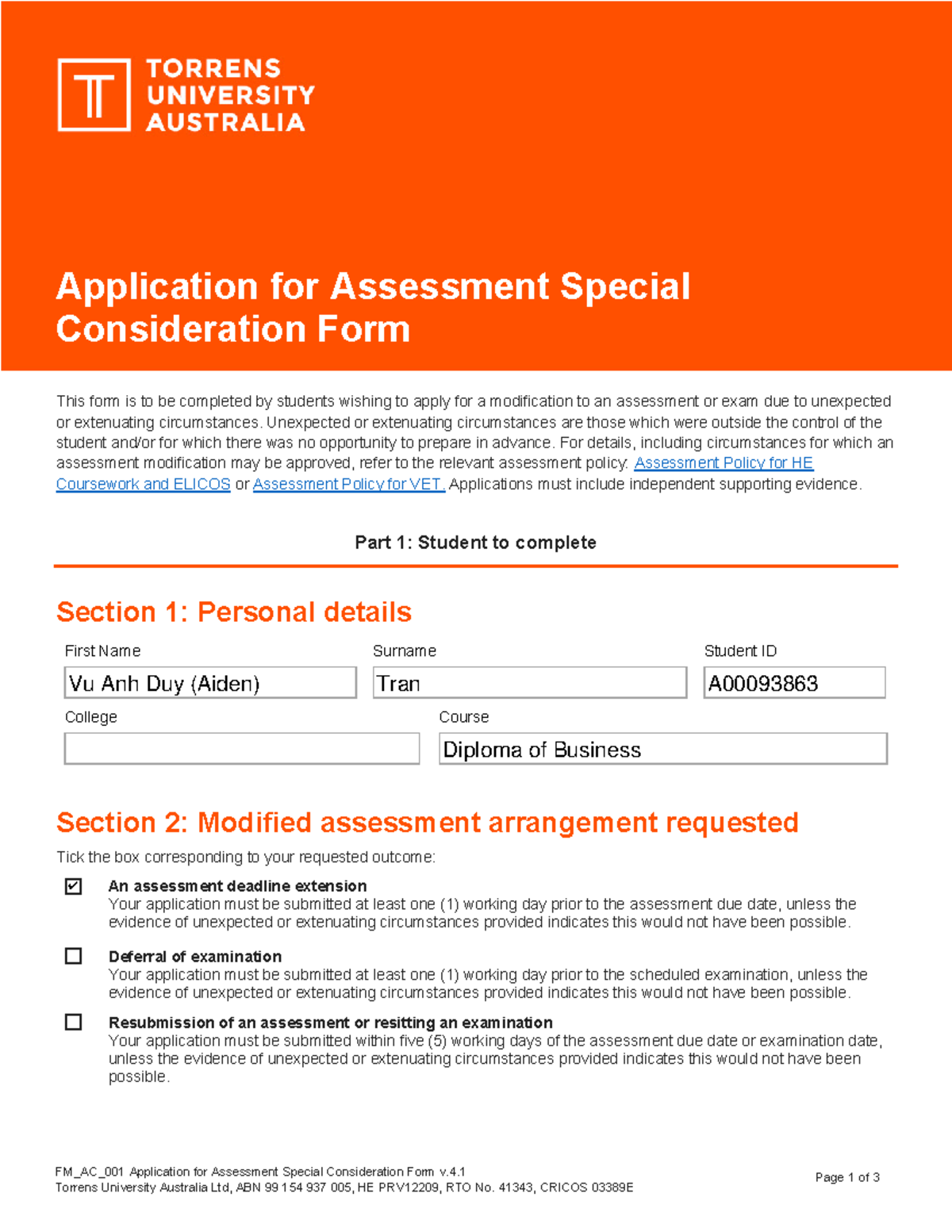 torrens university assignment extension form