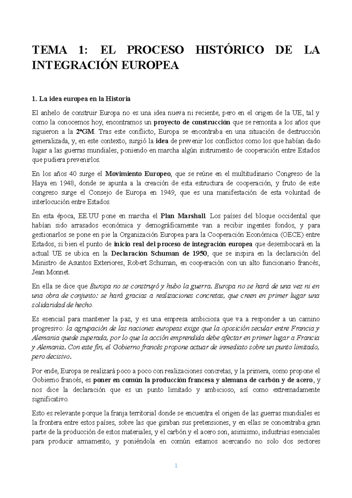 TEMA 1 - EL Proceso Histórico DE LA Integración Europea - TEMA 1: EL ...