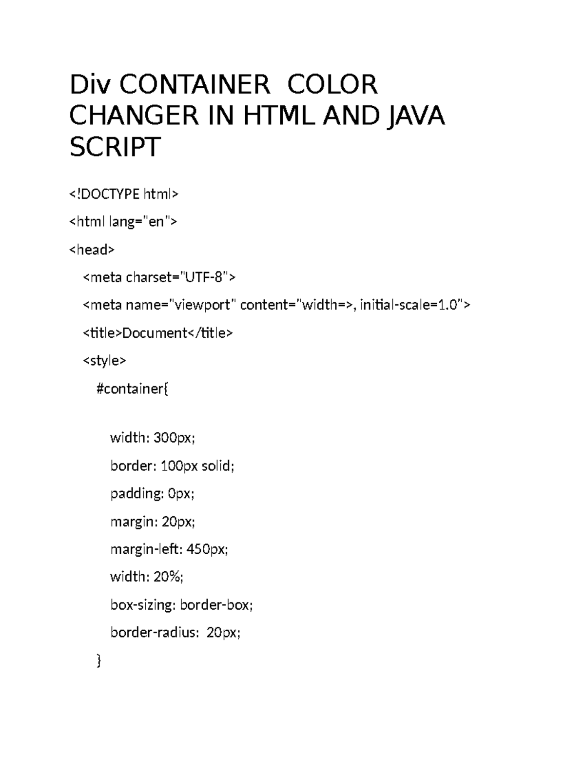 Div Container Color Changer IN HTML AND JAVA Script - Div CONTAINER ...