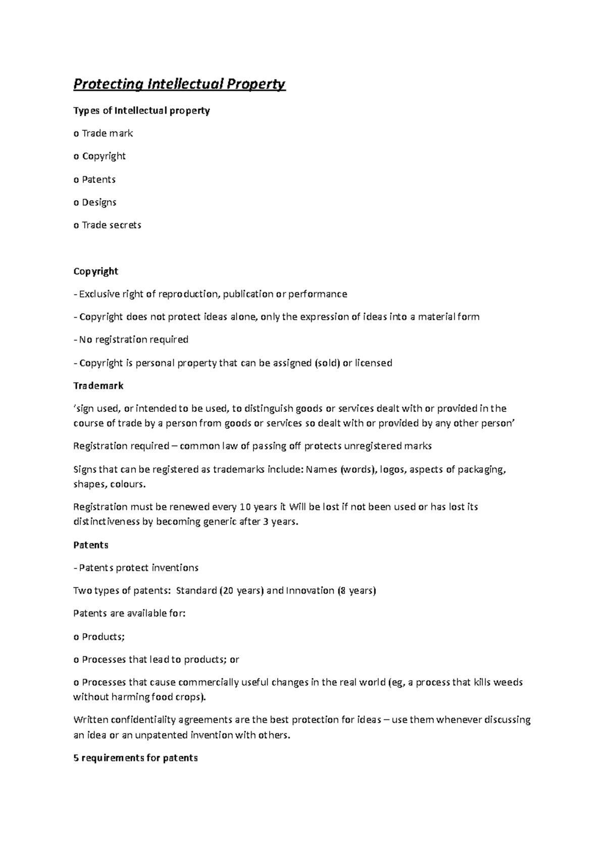 Protecting Intellectual Property Summary Protecting Intellectual