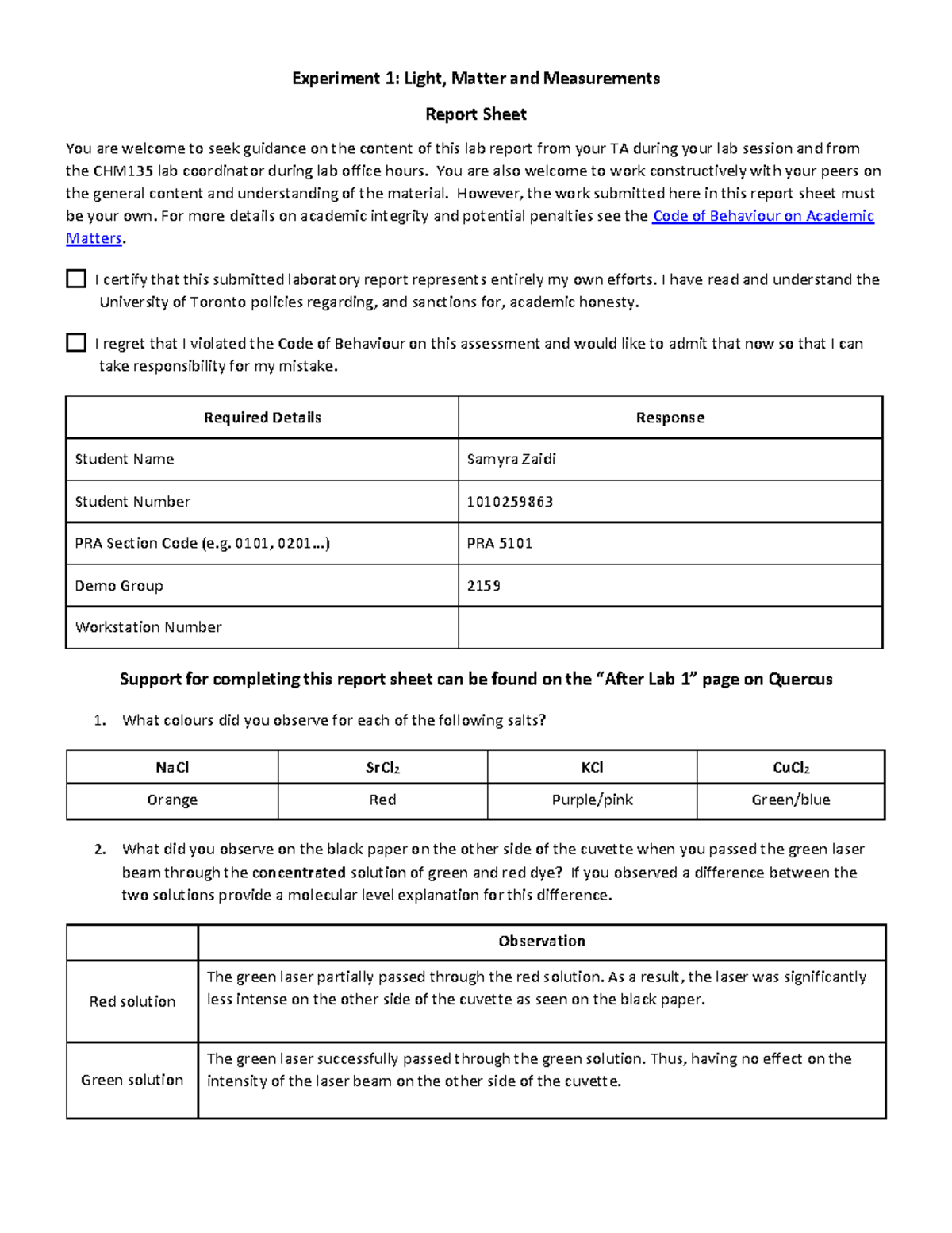 CHM135 Lab 1 Report Sheet - Experiment 1: Light, Matter and ...