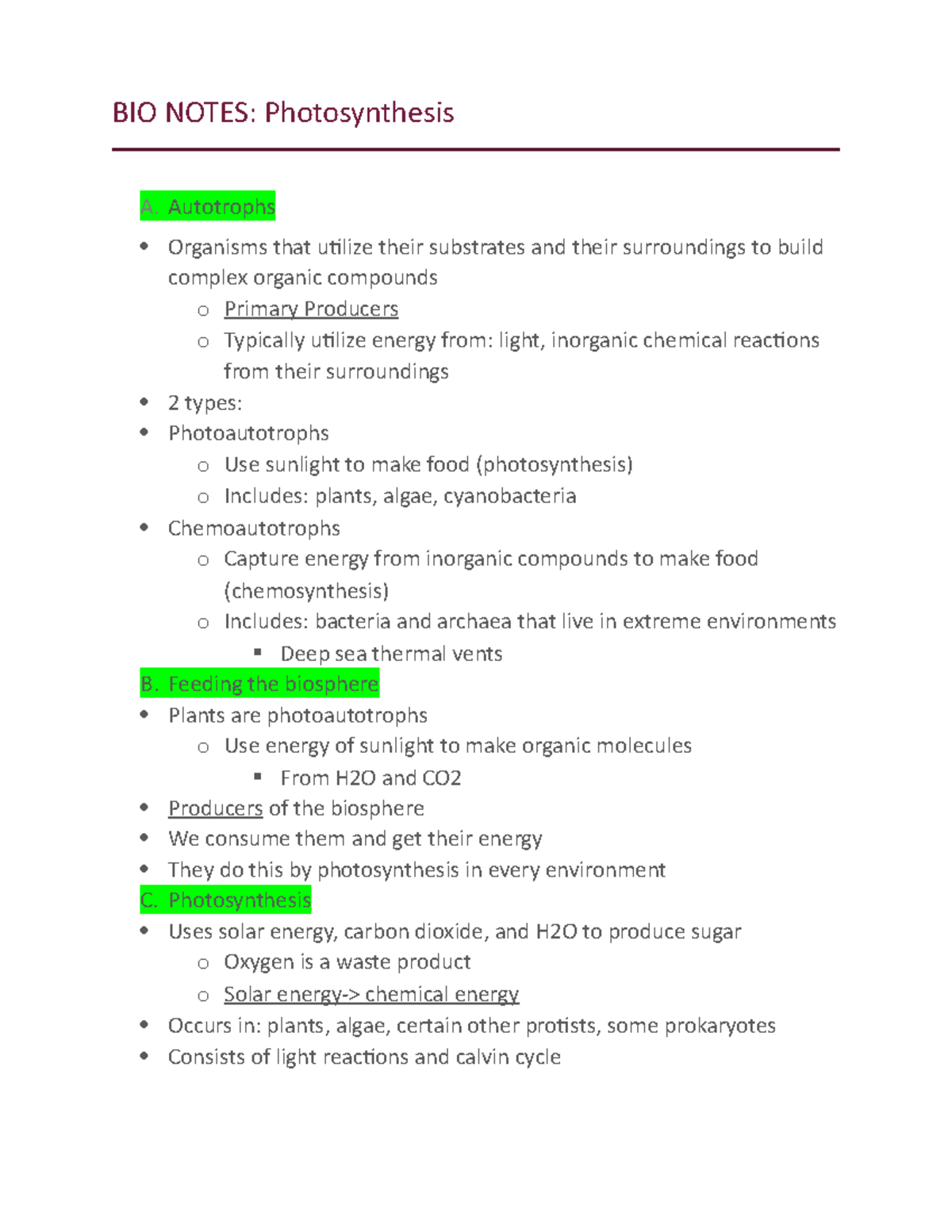 lecture notes photosynthesis Fletcher - BIO NOTES: Photosynthesis A ...