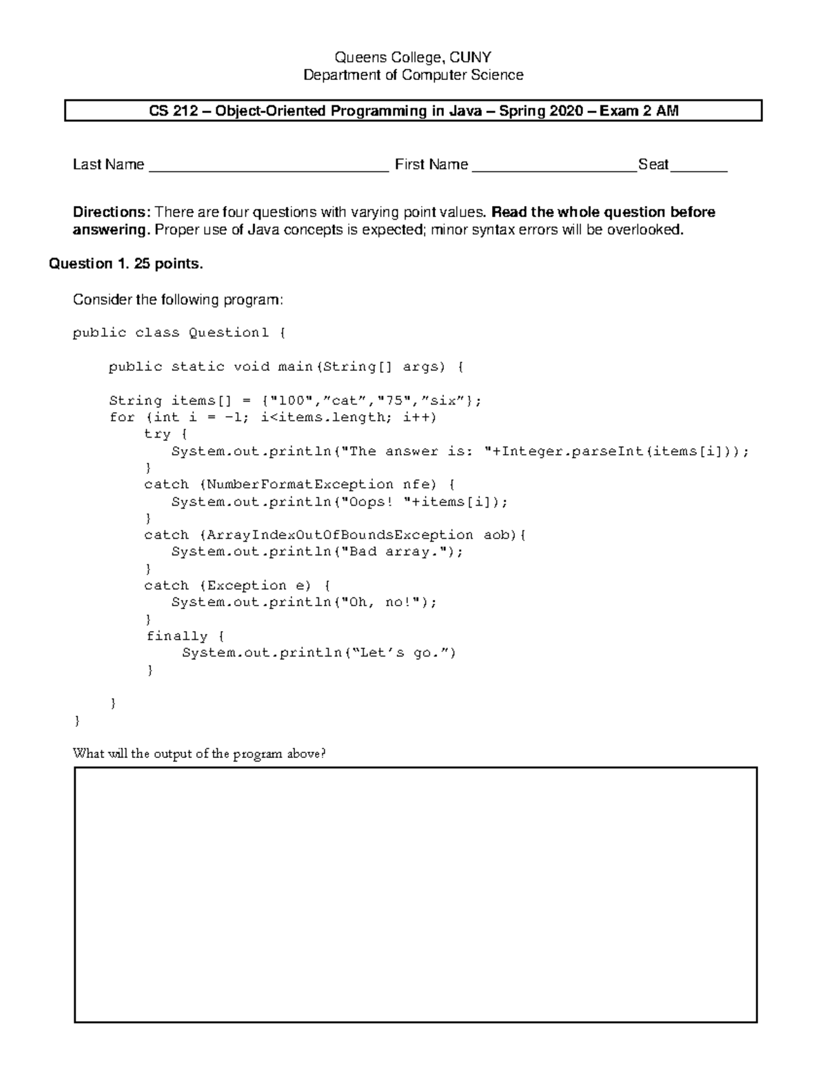 Exam 2A - SPRING - Queens College, CUNY Department Of Computer Science ...