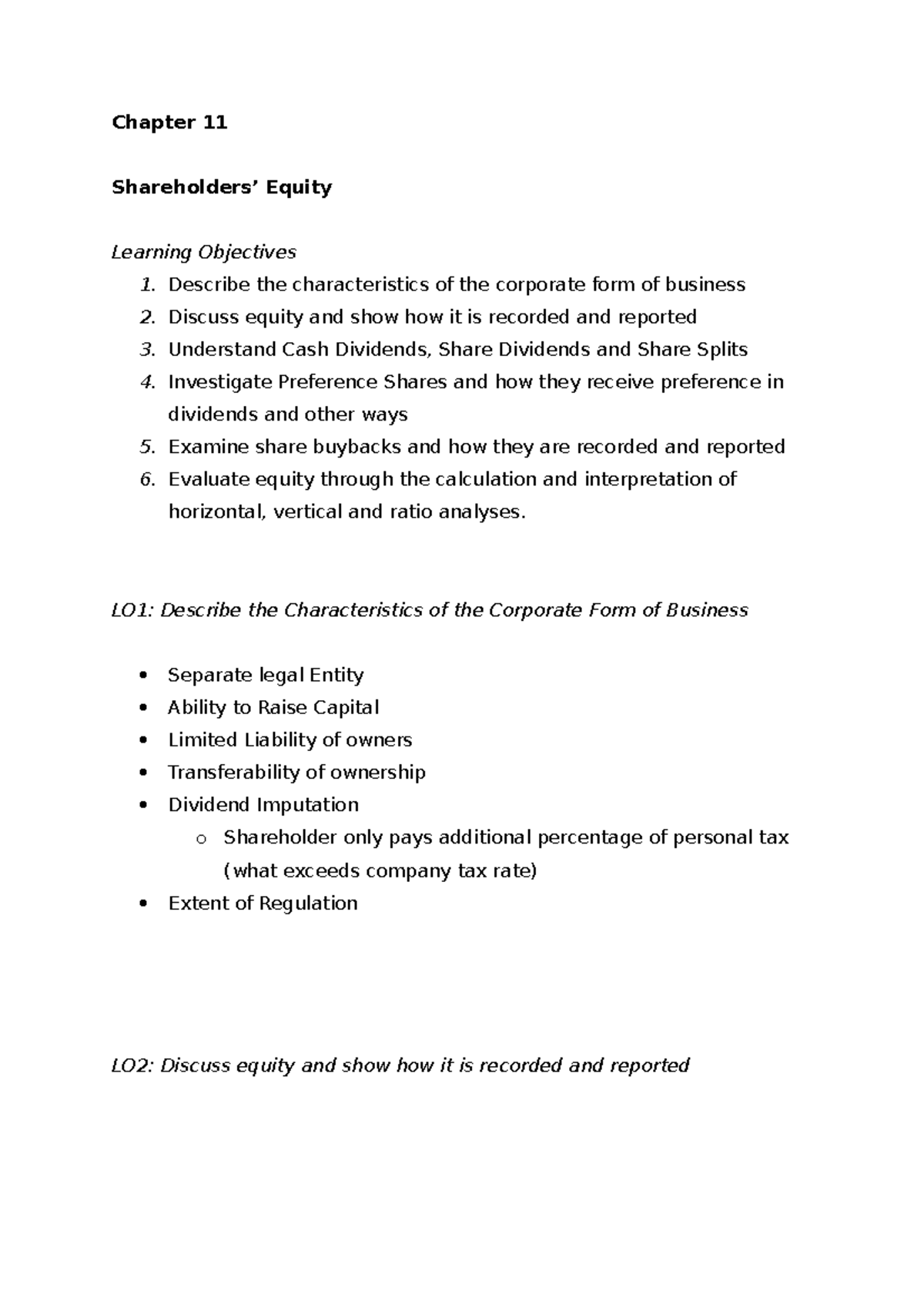 Study Notes Shareholders Equity - Chapter 11 Shareholders’ Equity ...