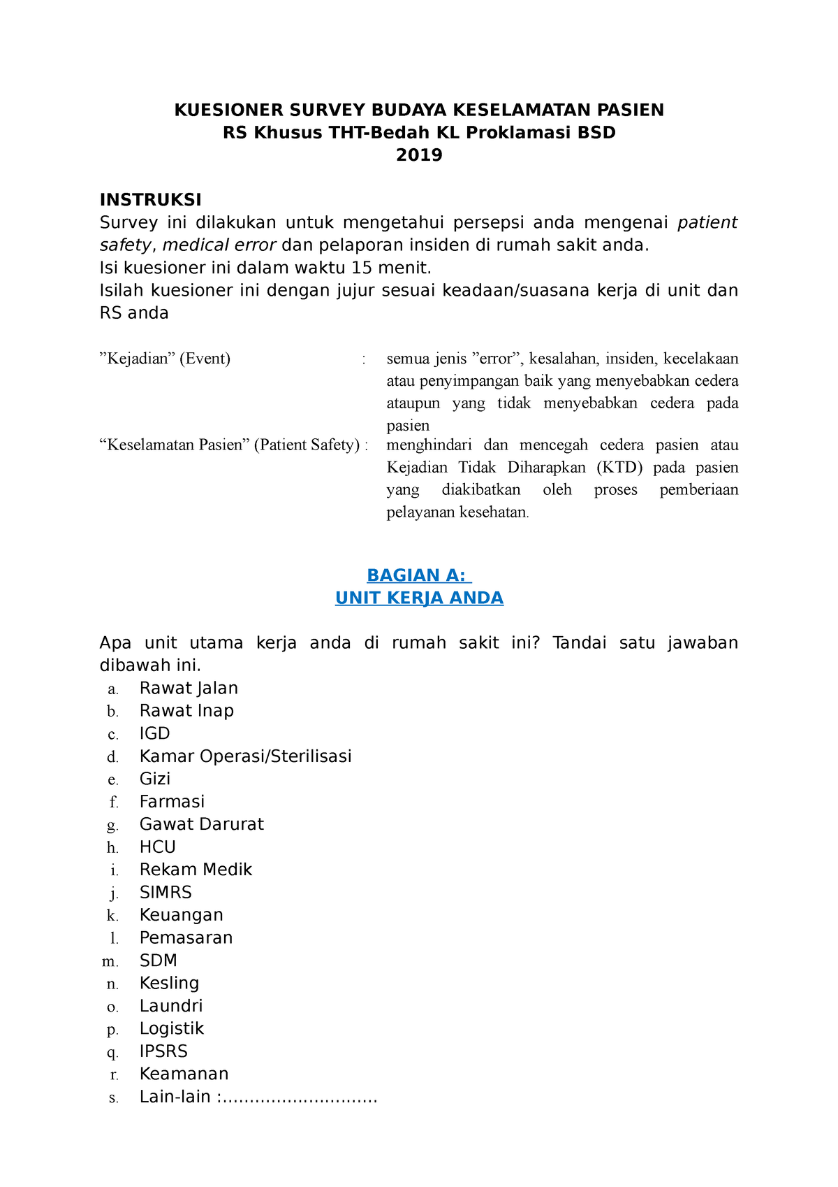 415424051 Kuesioner Survey Budaya Keselamatan Pasien 2019 Docx ...