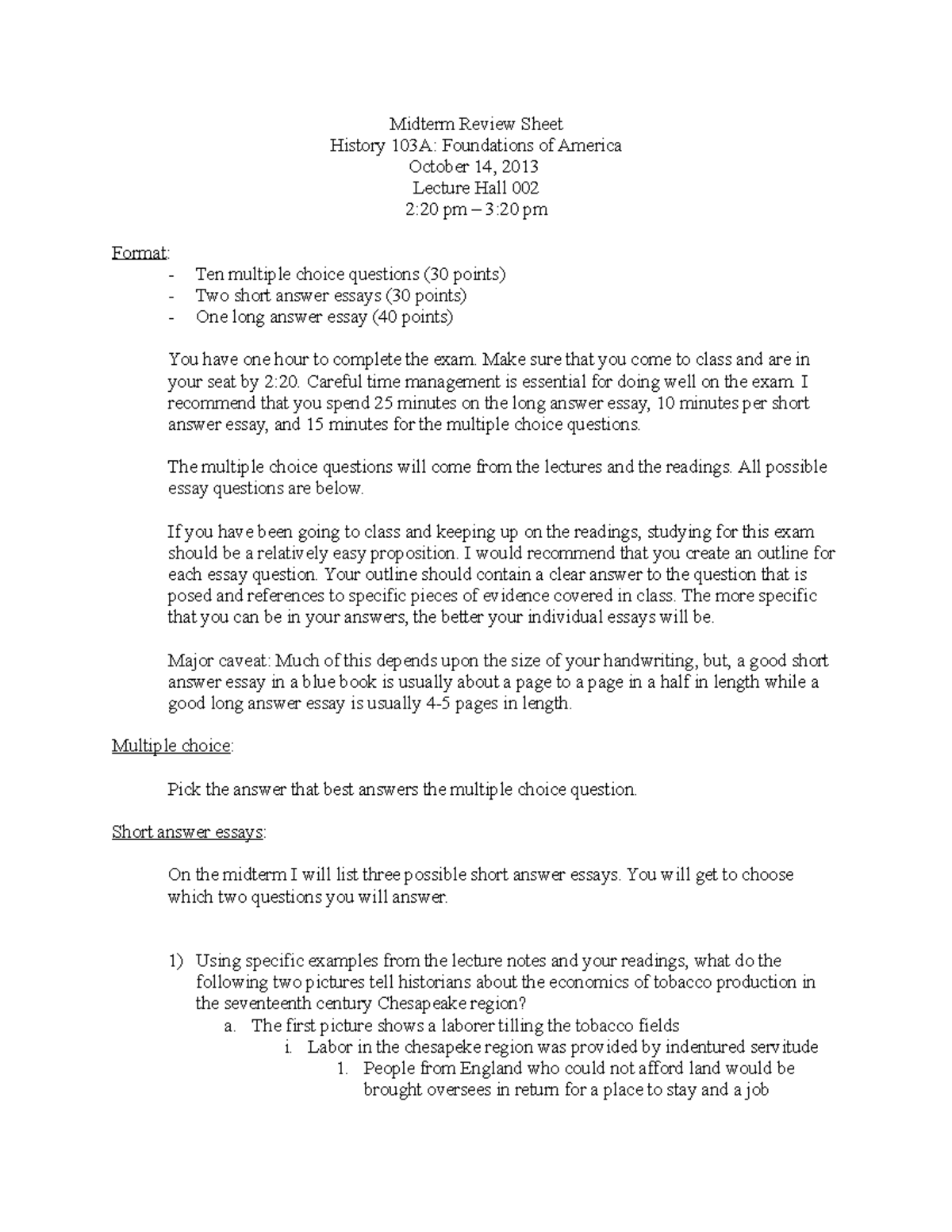 Midterm Review Sheet - Midterm Review Sheet History 103A: Foundations ...