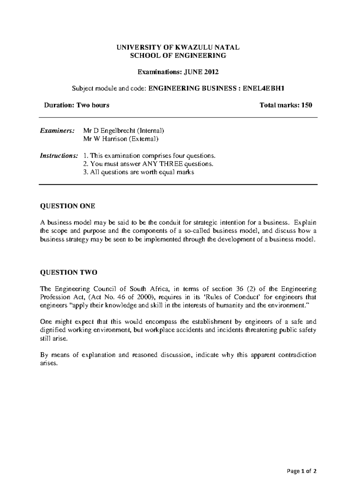 Exam 13 June 2012, questions - UNIVERSITY OF KWAZULU NATAL SCHOOL OF ...