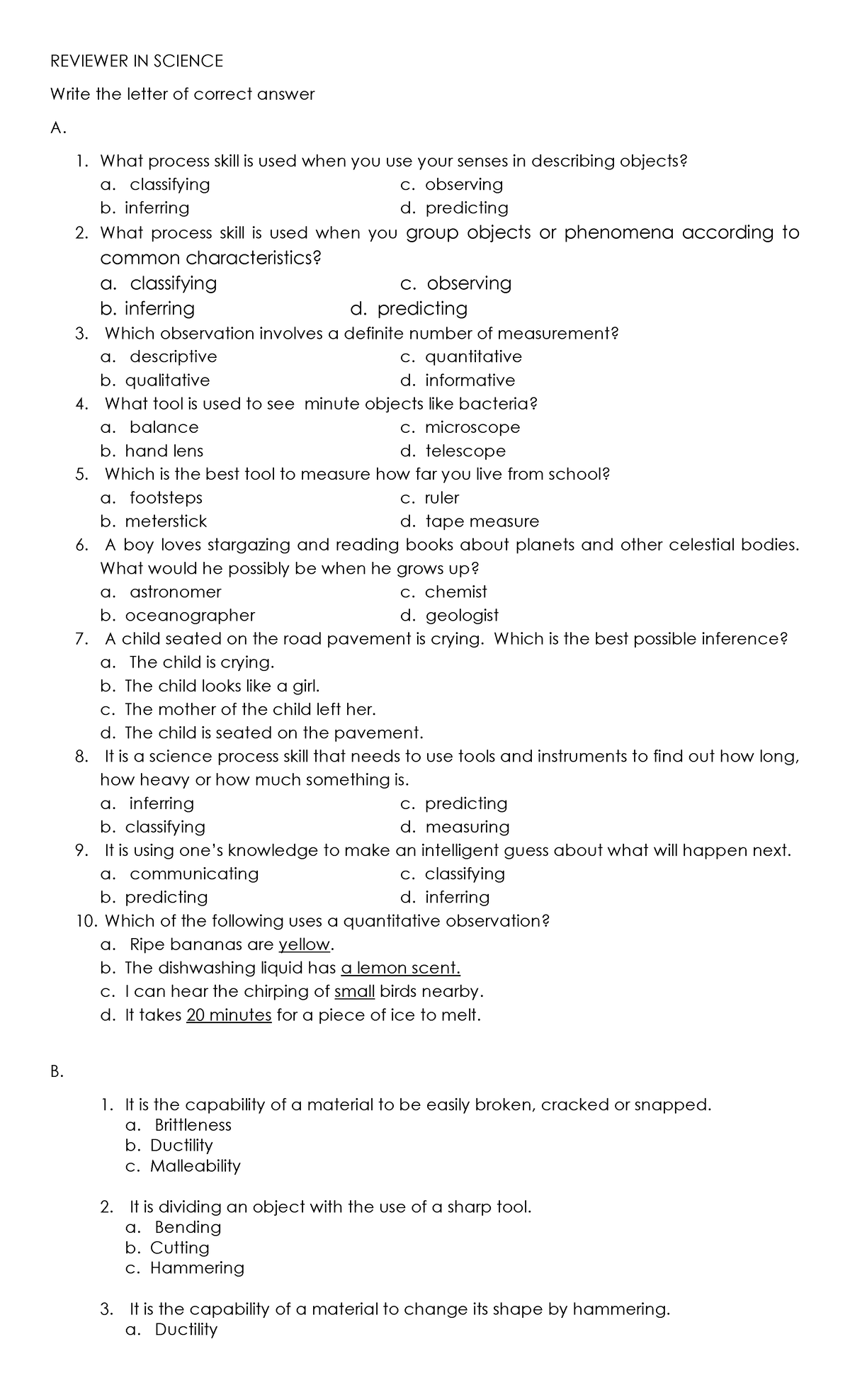 Reviewer-IN- Science - REVIEWER IN SCIENCE Write the letter of correct ...