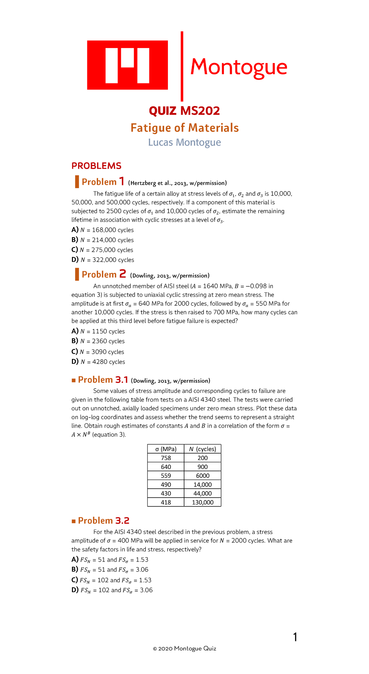 Fatigue Of Materials Solved Problems - 1 QUIZ MS Fatigue Of Materials ...