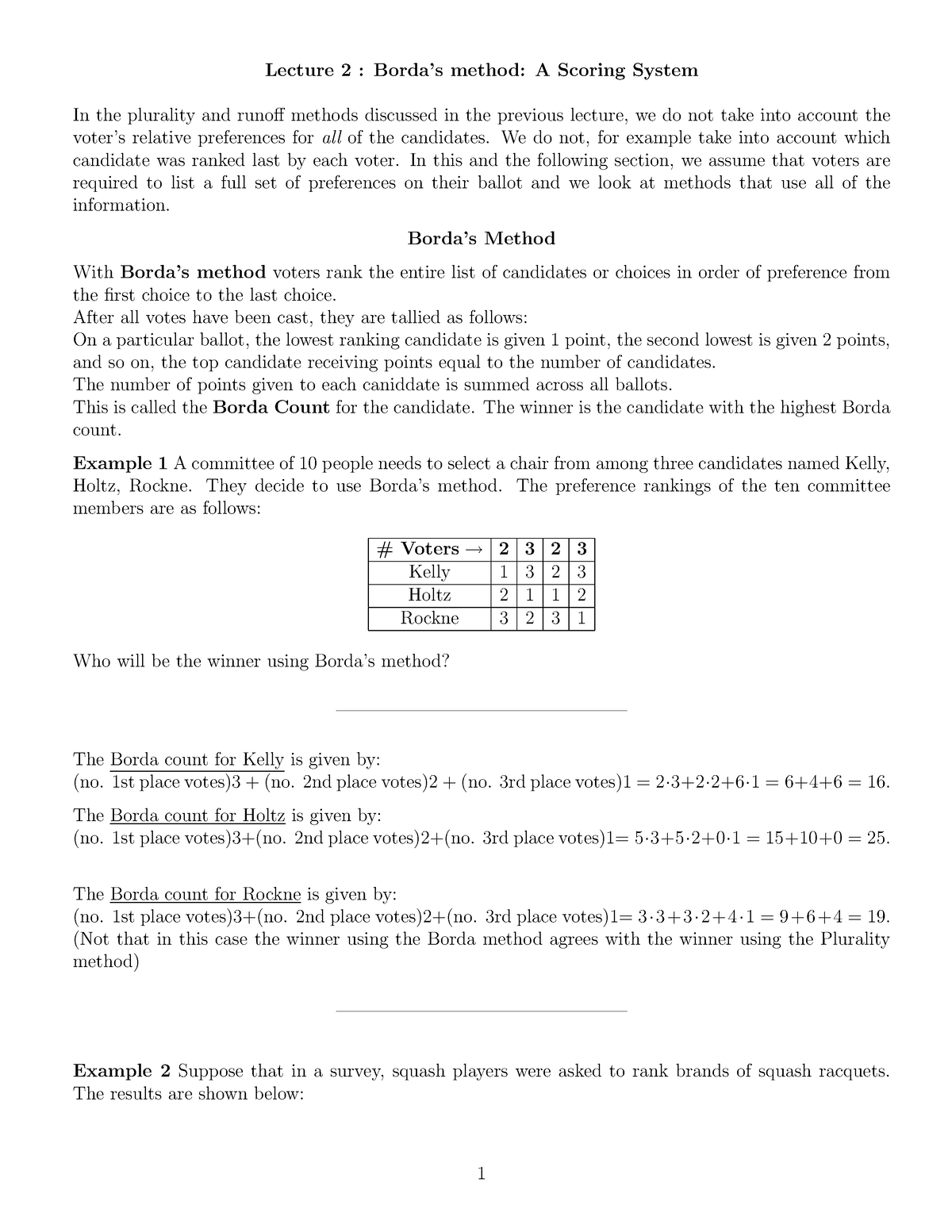 Lecture-2.Borda Method - Lecture 2 : Borda’s method: A Scoring System ...