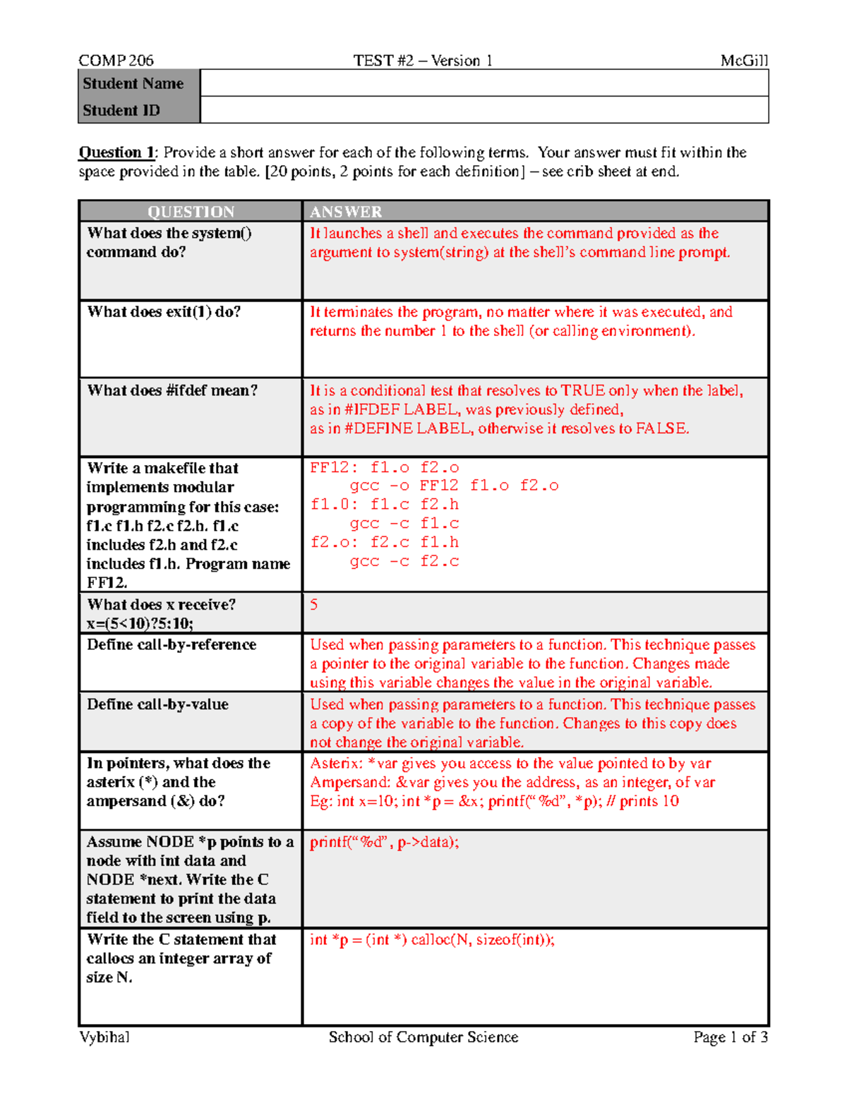 Fall 2017 Midterm 2 - Practice/Exam - COMP 206 TEST #2 – Version 1 ...