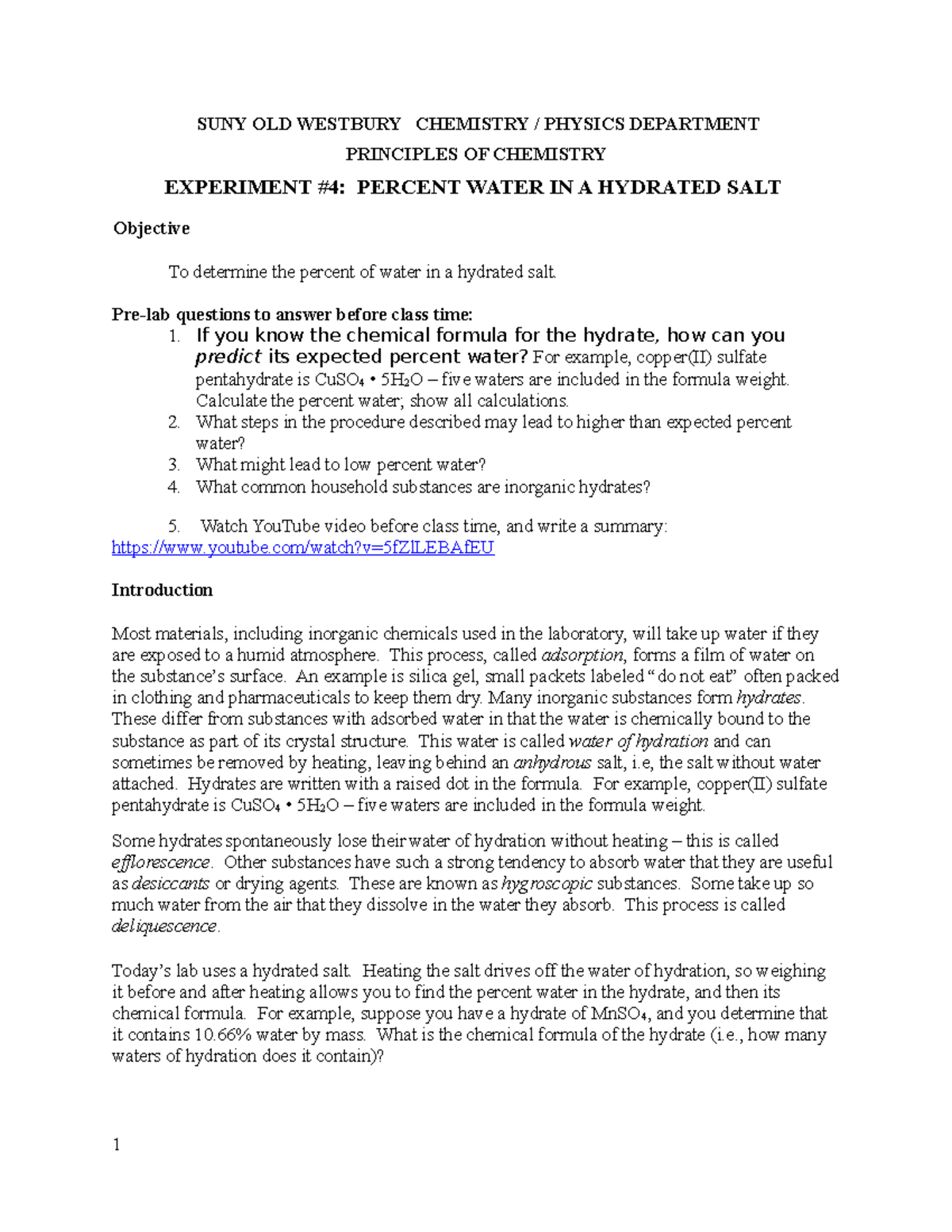 Lab report Chem I Water IN A Hydrated SALT SUNY OLD WESTBURY