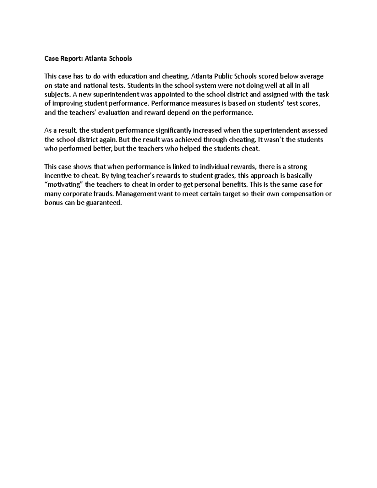 Case report 13 Atlanta - Case Report: Atlanta Schools This case has to ...