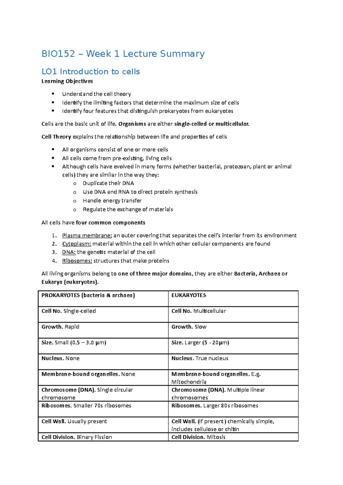 Bio152 Week 1 2 Lecture Summary Bio152 Week 1 Lecture Summary Lo1