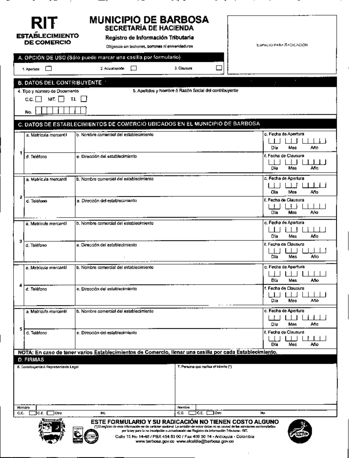 Formularios RIT Contribuyente y establecimiento comercial - tecnologo ...