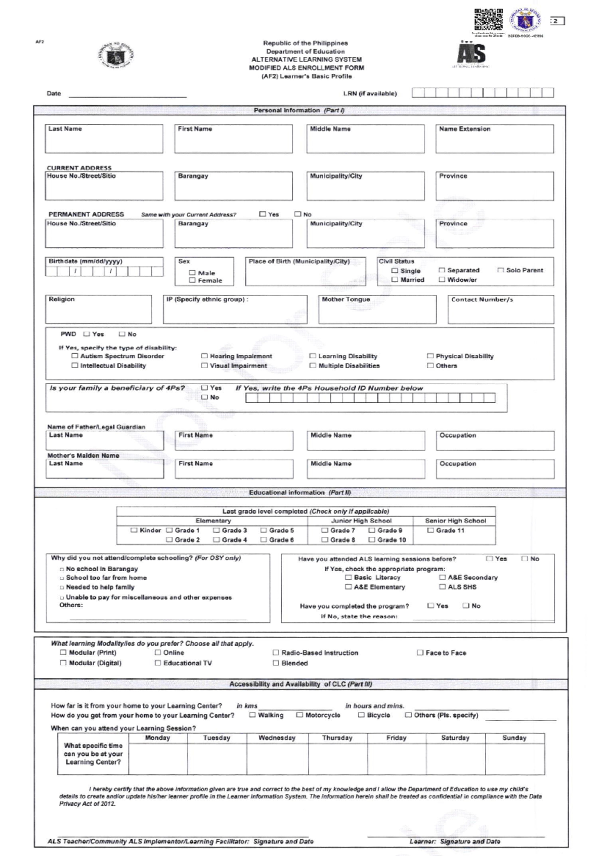 AF2-Modified-ALS-Enrollment-Form-1 - Teaching and learning - Studocu