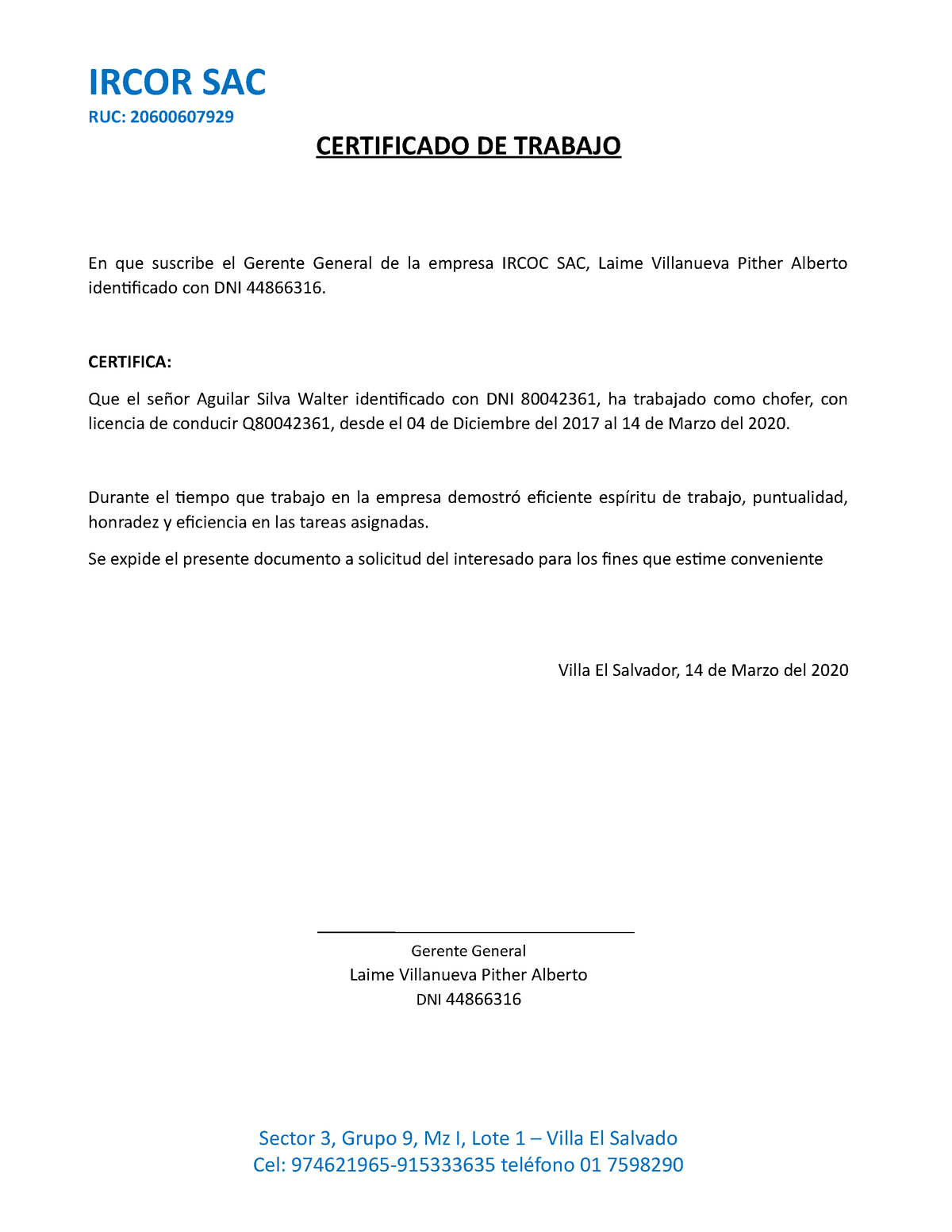 Certificado DE Trabajo - IRCOR SAC RUC: 20600607929 CERTIFICADO DE ...