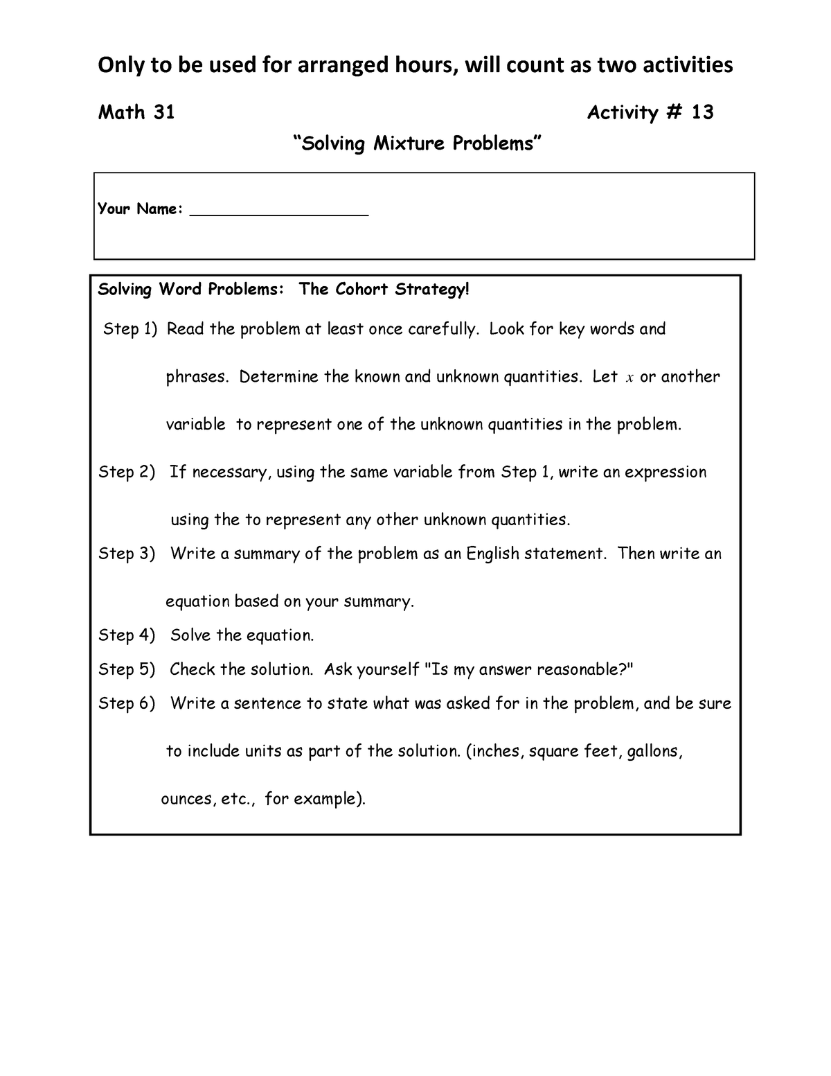 solving mixture problems assignment